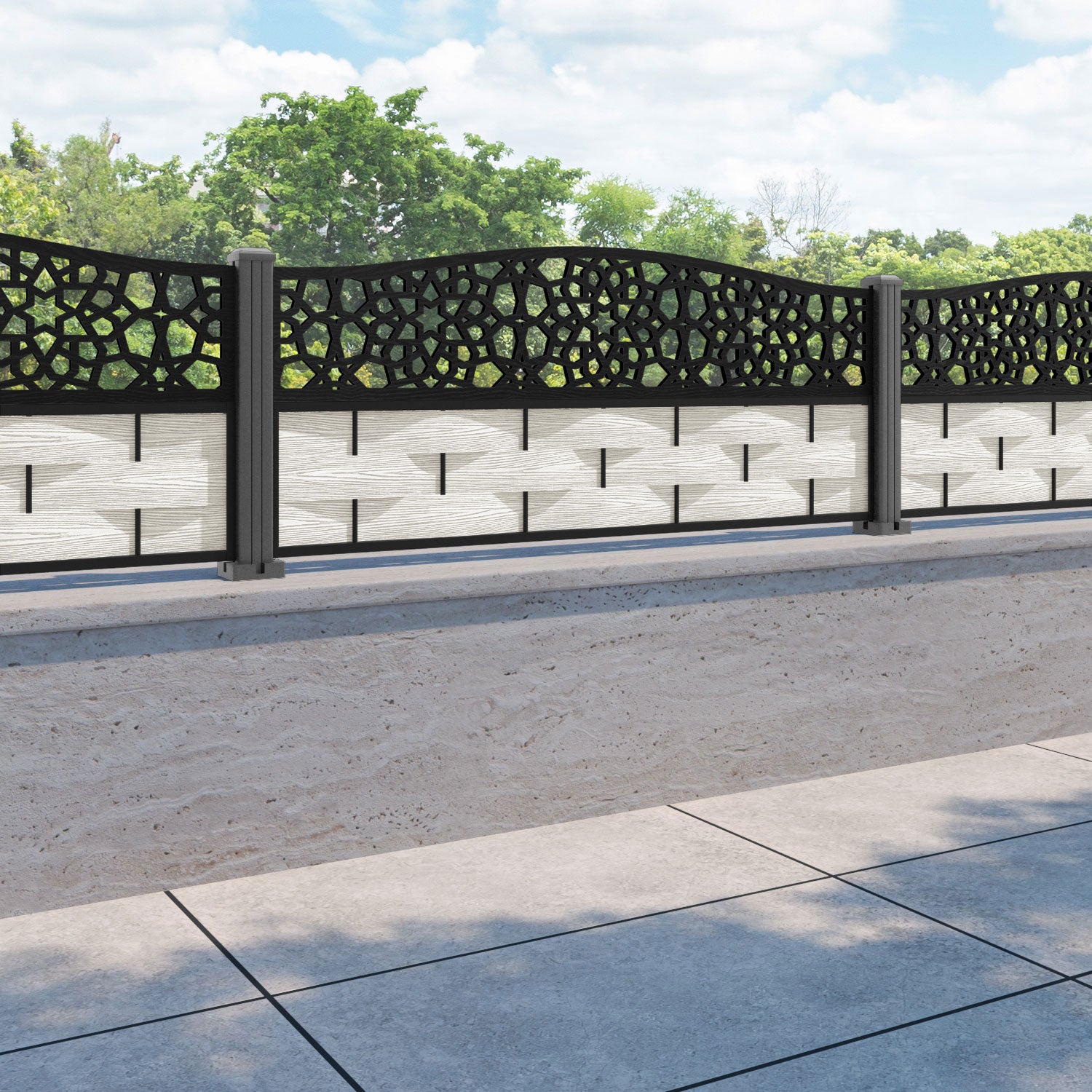 Ripple Nazira Curved Top Fence Panel - Light Stone - with our aluminium posts