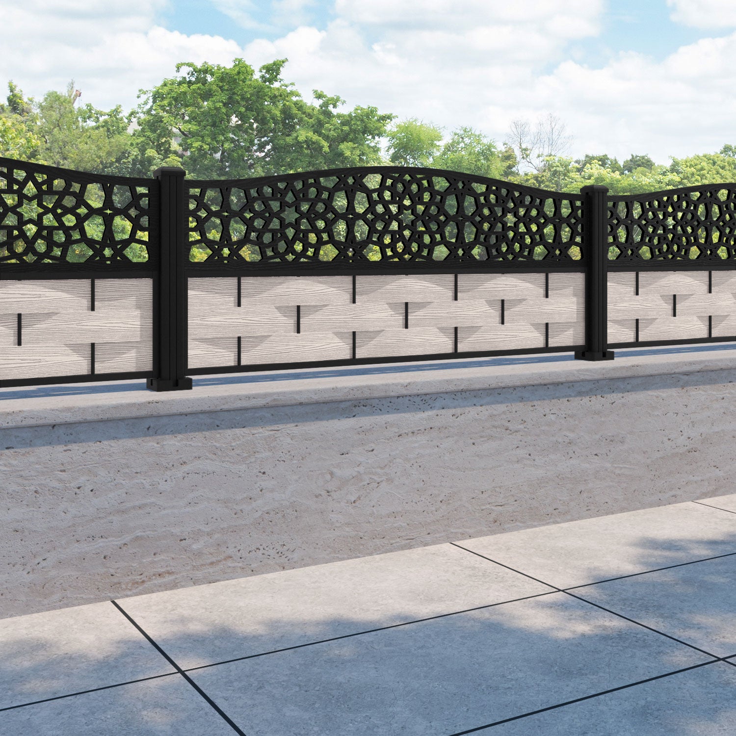 Ripple Nazira Curved Top Fence Panel - Mid Stone - with our aluminium posts