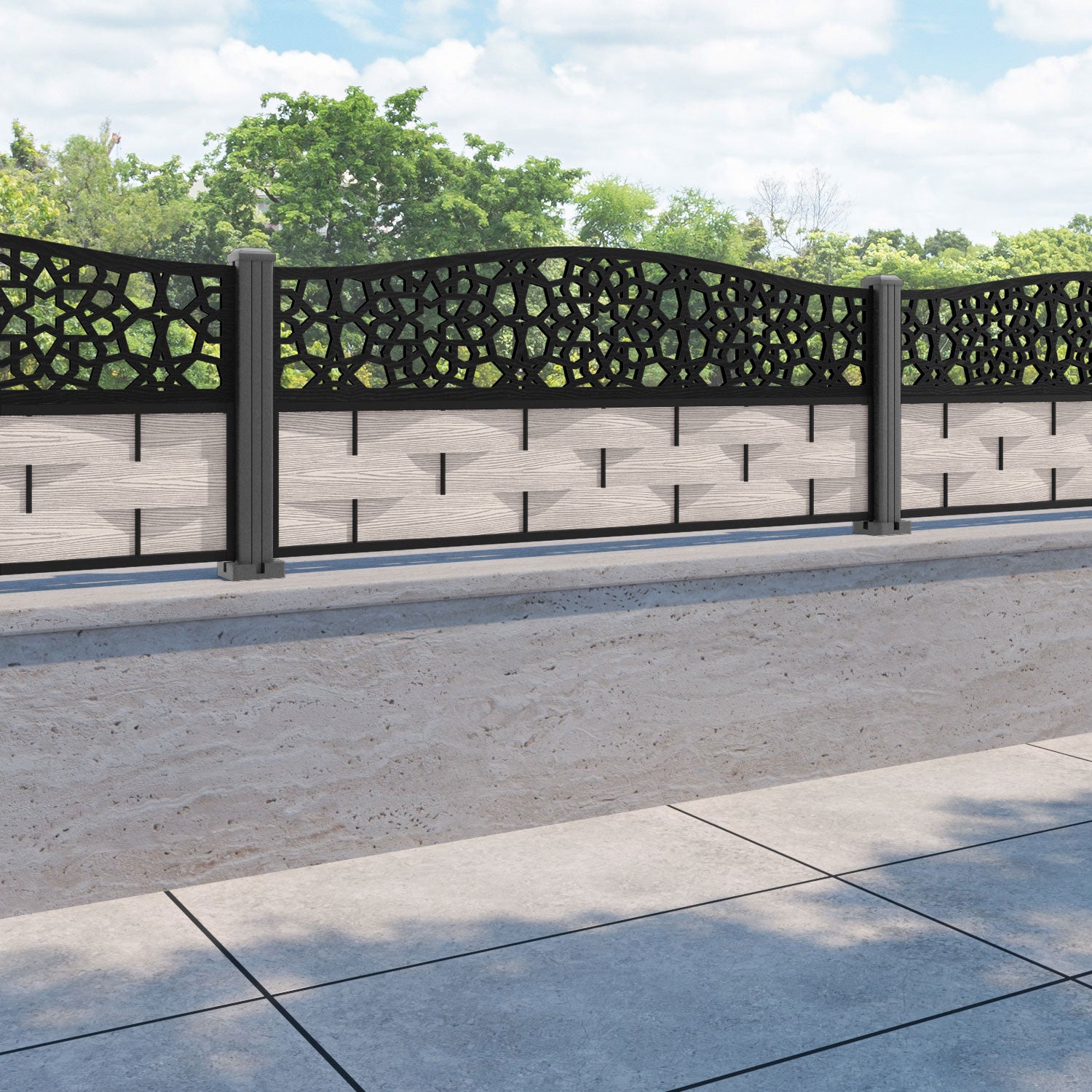 Ripple Nazira Curved Top Fence Panel - Mid Stone - with our aluminium posts