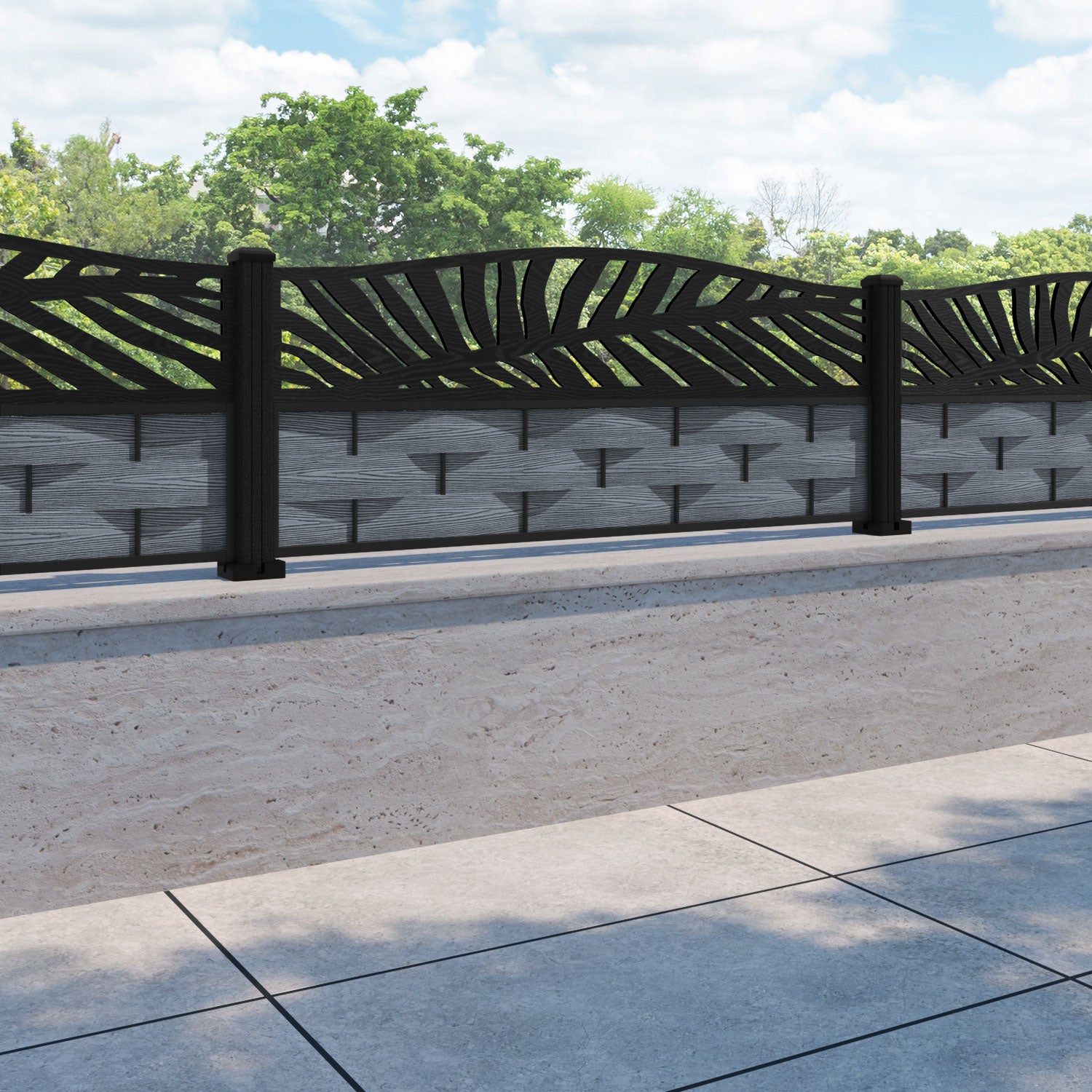 Ripple Palm Curved Top Fence Panel - Anthracite - with our composite posts