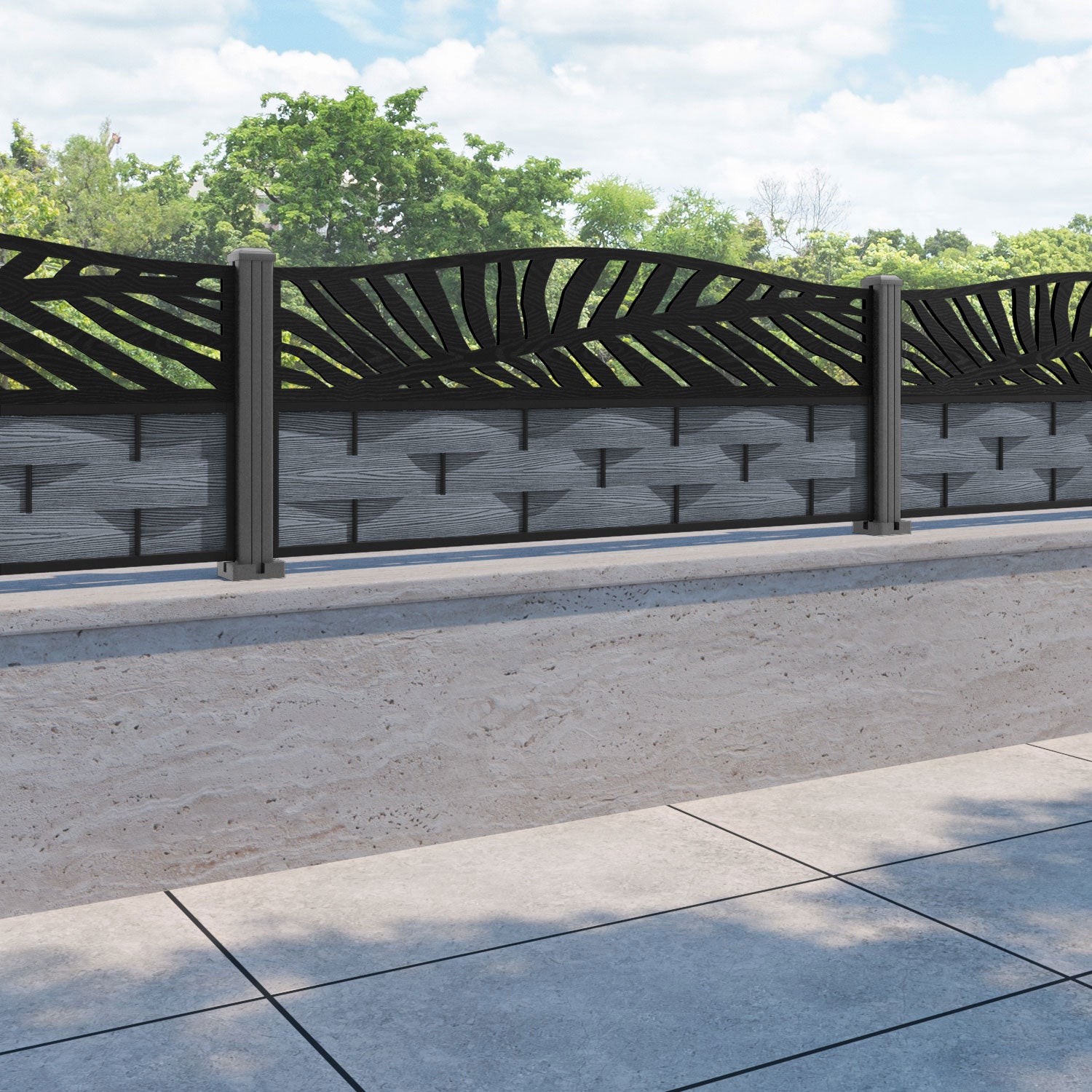 Ripple Palm Curved Top Fence Panel - Anthracite - with our aluminium posts