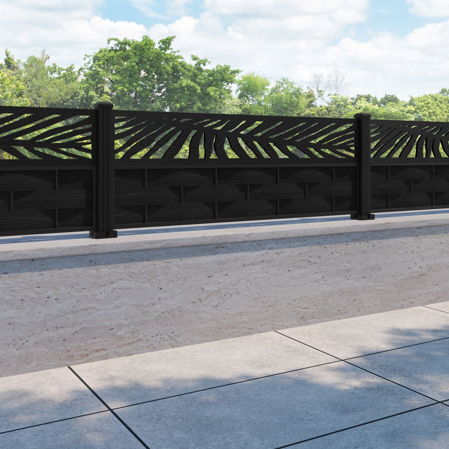 Ripple Palm Fence Panel - Black - with our aluminium posts