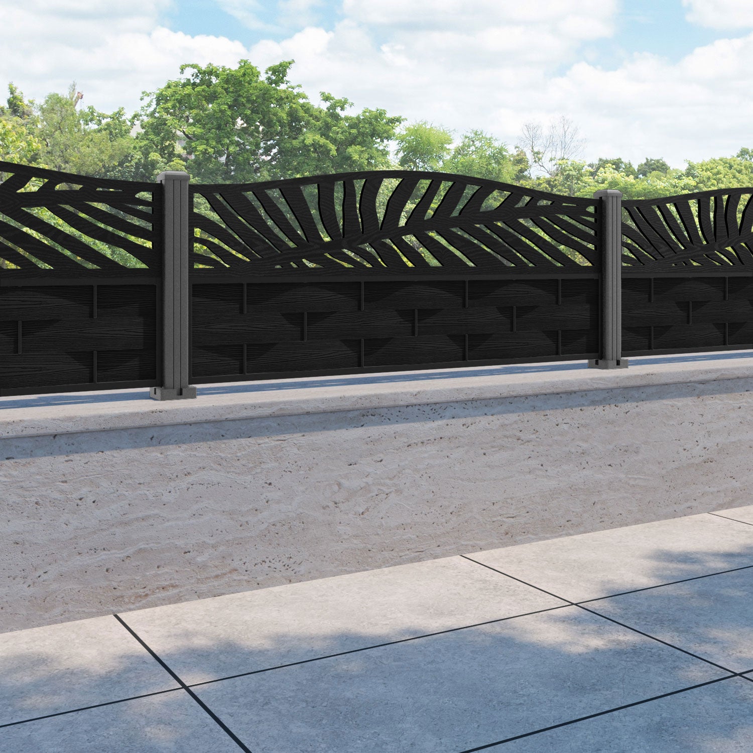Ripple Palm Curved Top Fence Panel - Black - with our aluminium posts