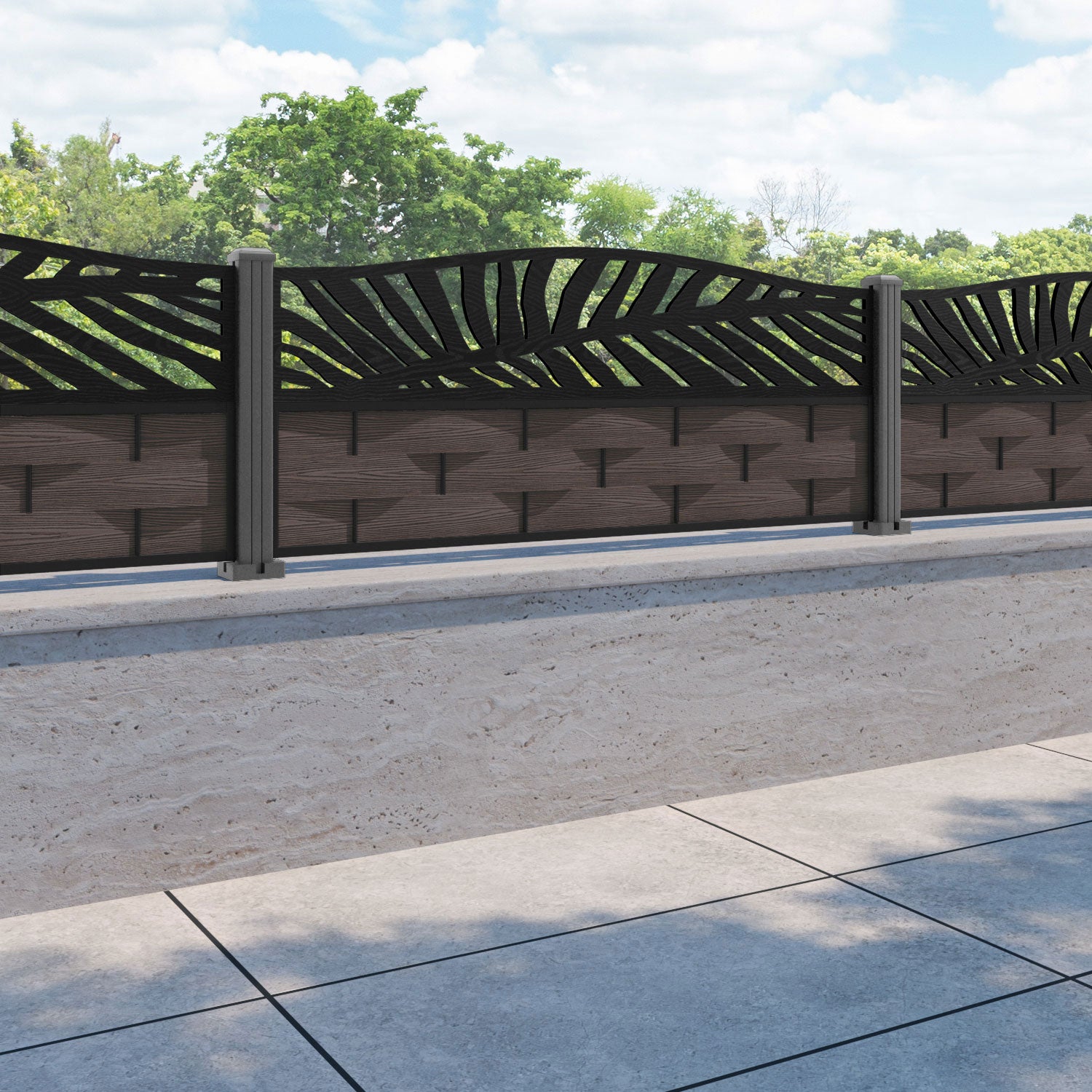 Ripple Palm Curved Top Fence Panel - Mid Brown - with our aluminium posts