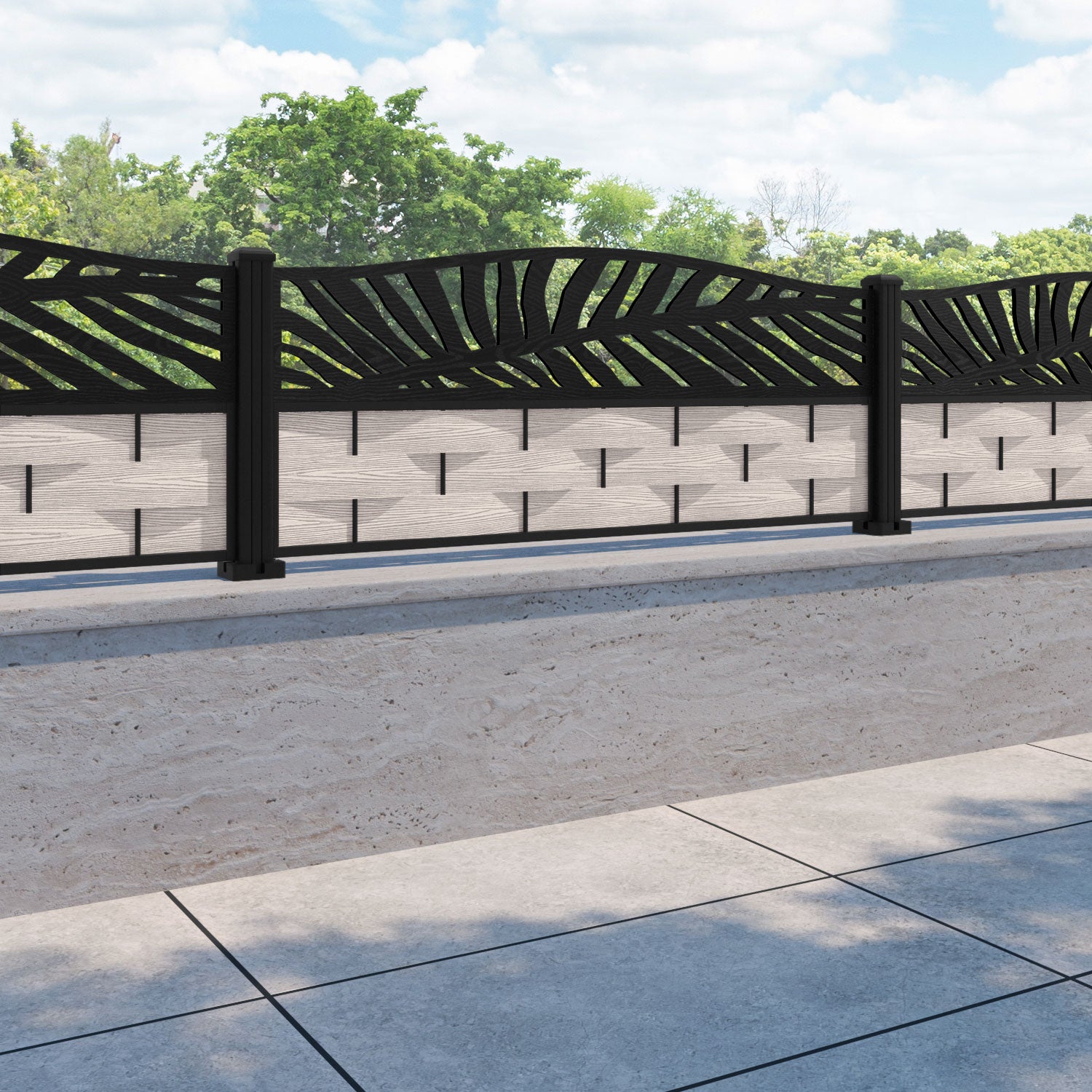 Ripple Palm Curved Top Fence Panel - Mid Stone - with our aluminium posts