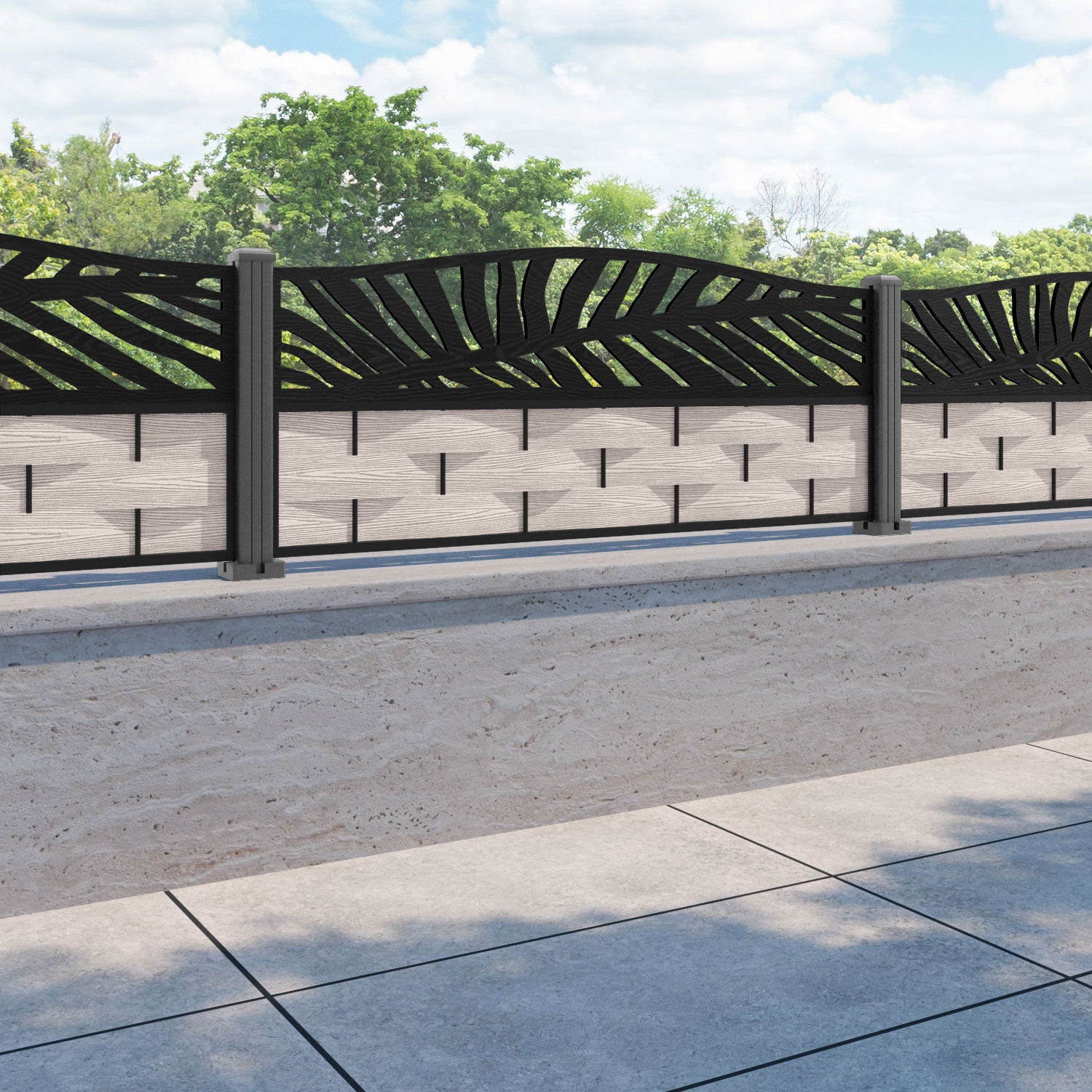 Ripple Palm Curved Top Fence Panel - Mid Stone - with our aluminium posts