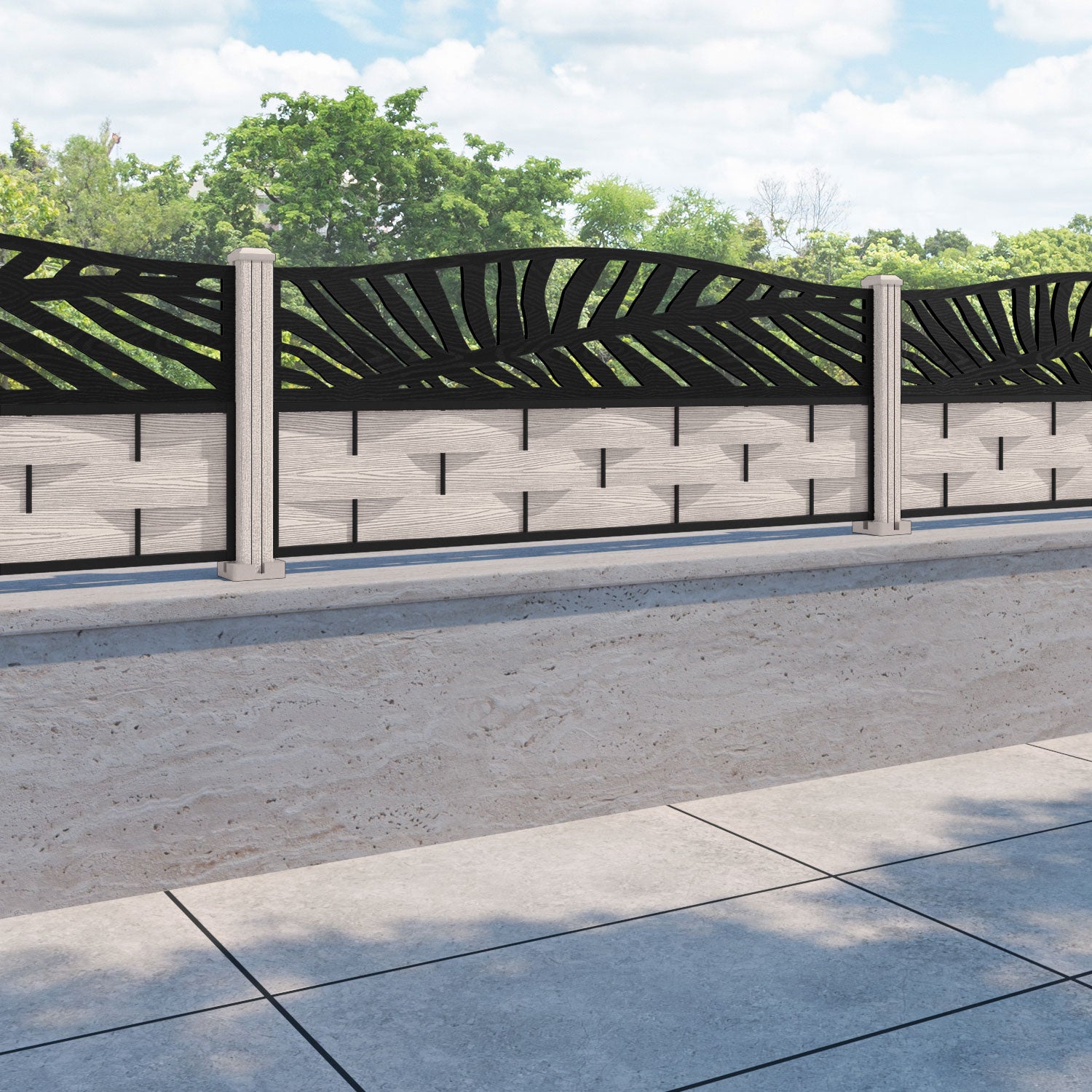 Ripple Palm Curved Top Fence Panel - Mid Stone - with our composite posts