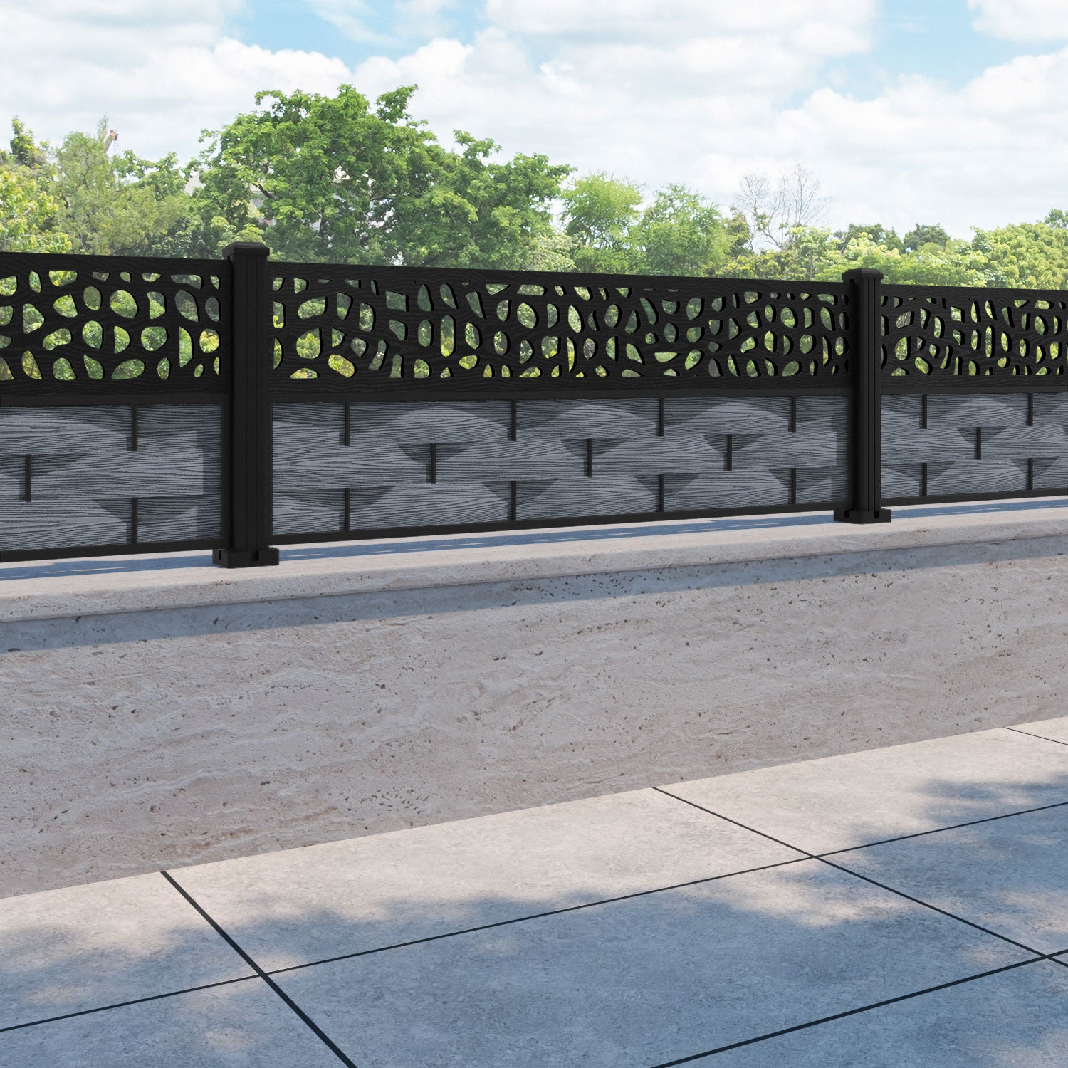 Ripple Pebble Fence Panel - Anthracite - with our aluminium posts