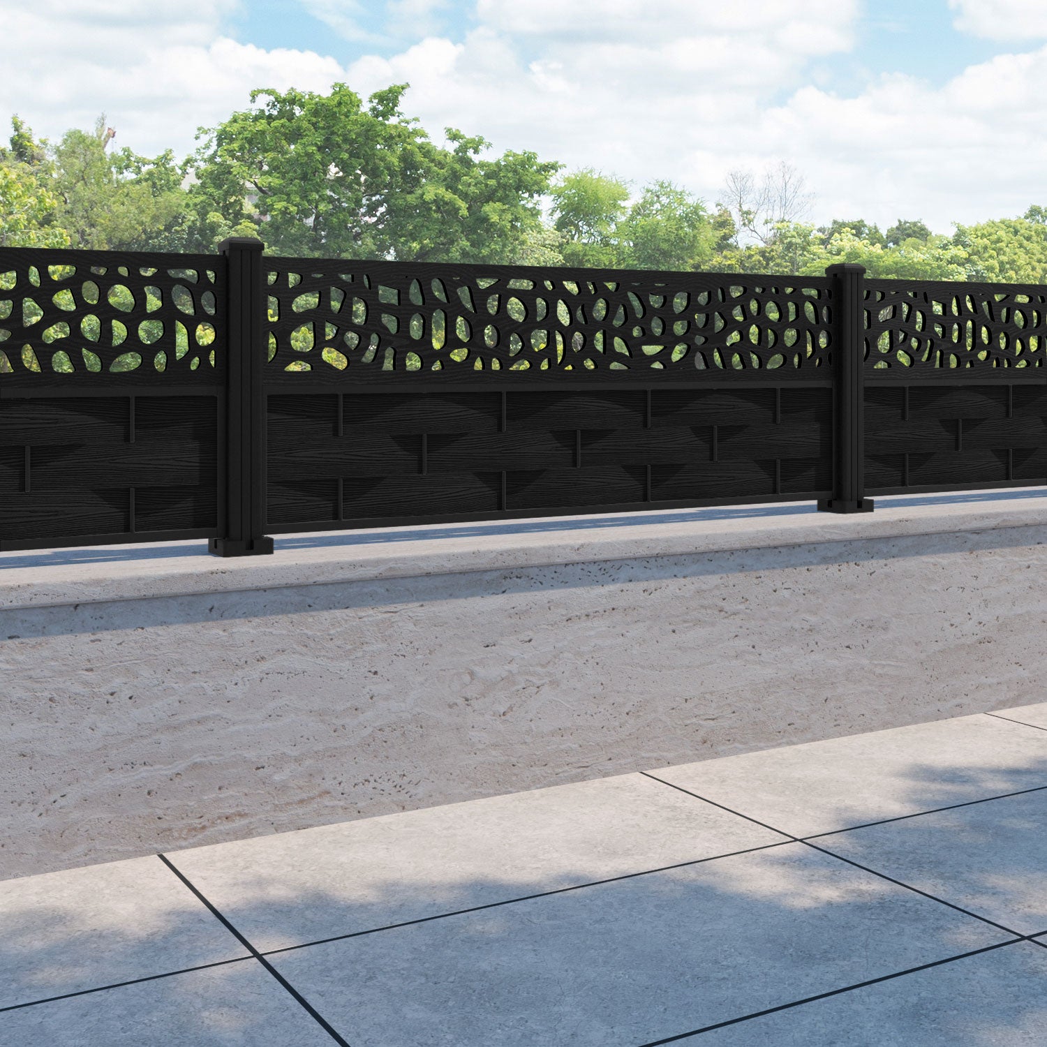 Ripple Pebble Fence Panel - Black - with our aluminium posts