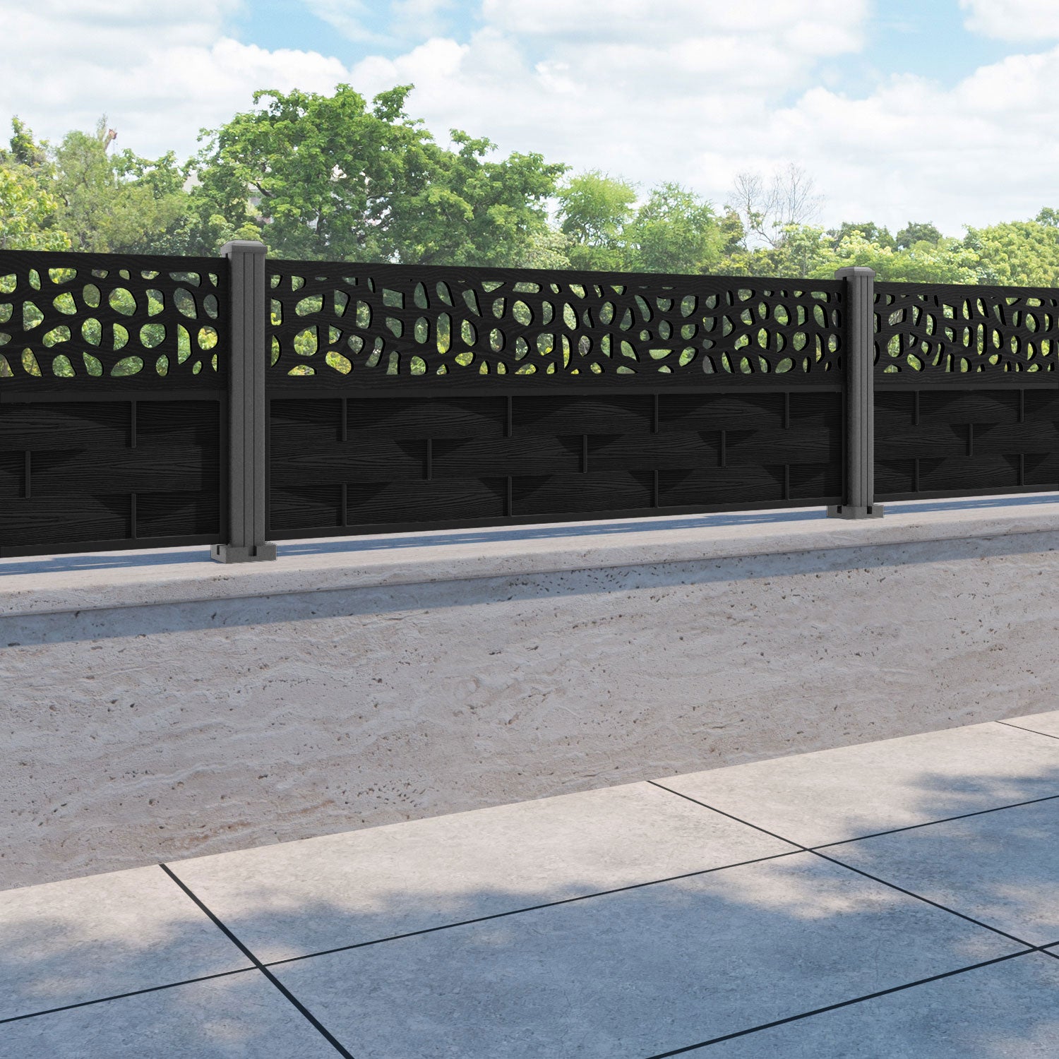 Ripple Pebble Fence Panel - Black - with our aluminium posts