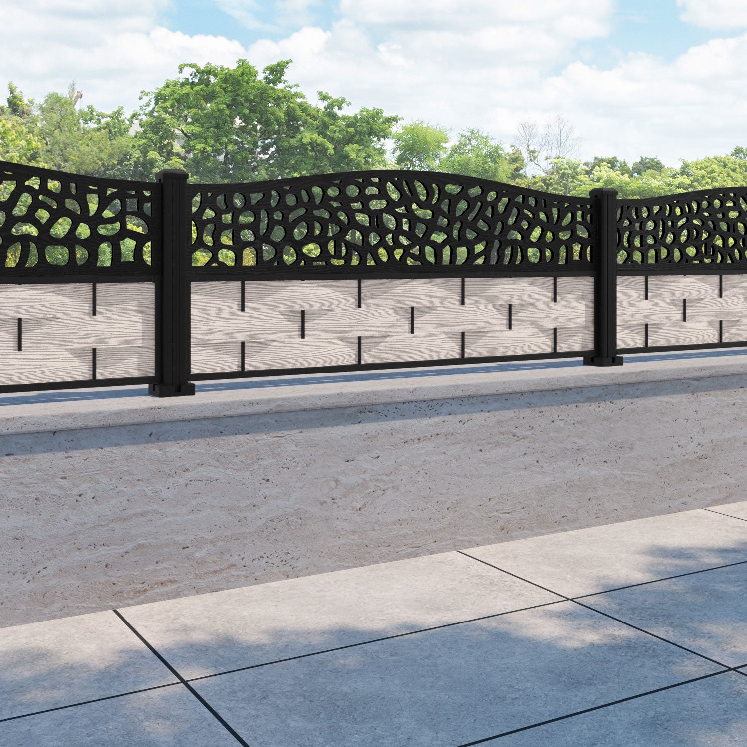 Ripple Pebble Curved Top Fence Panel - Mid Stone - with our aluminium posts