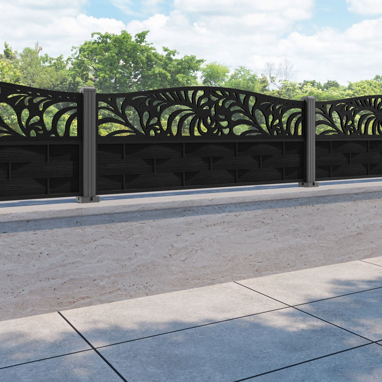 Ripple Petal Curved Top Fence Panel - Black - with our aluminium posts