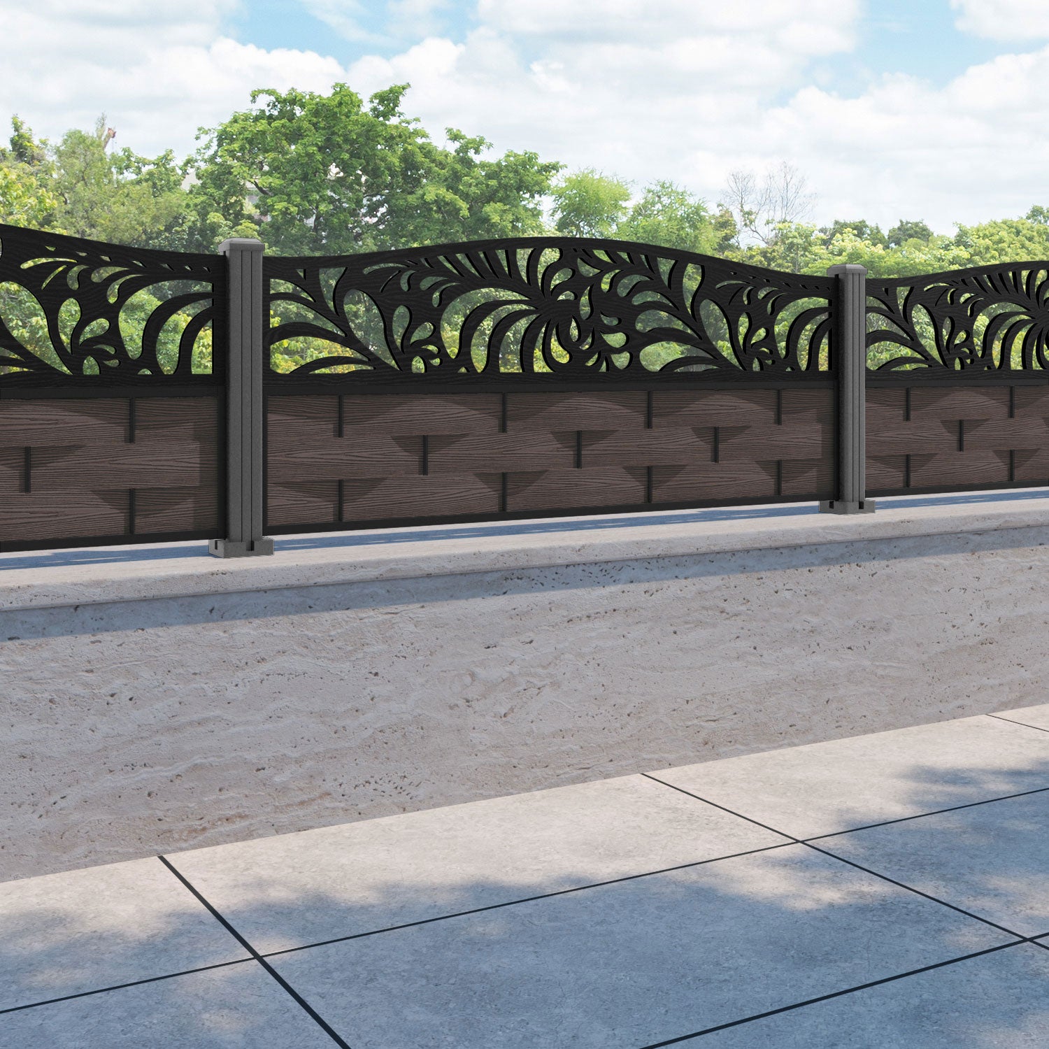 Ripple Petal Curved Top Fence Panel - Mid Brown - with our aluminium posts