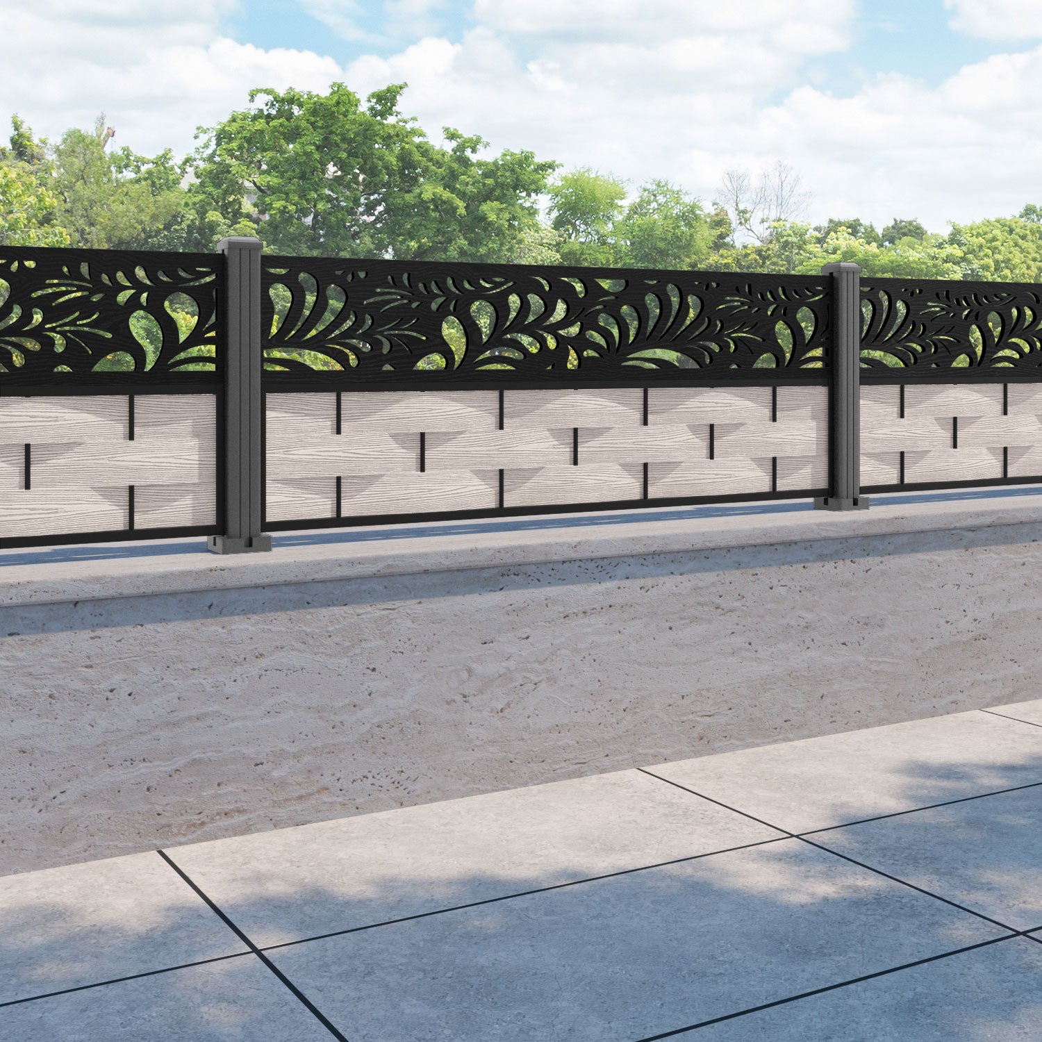 Ripple Petal Fence Panel - Mid Stone - with our aluminium posts