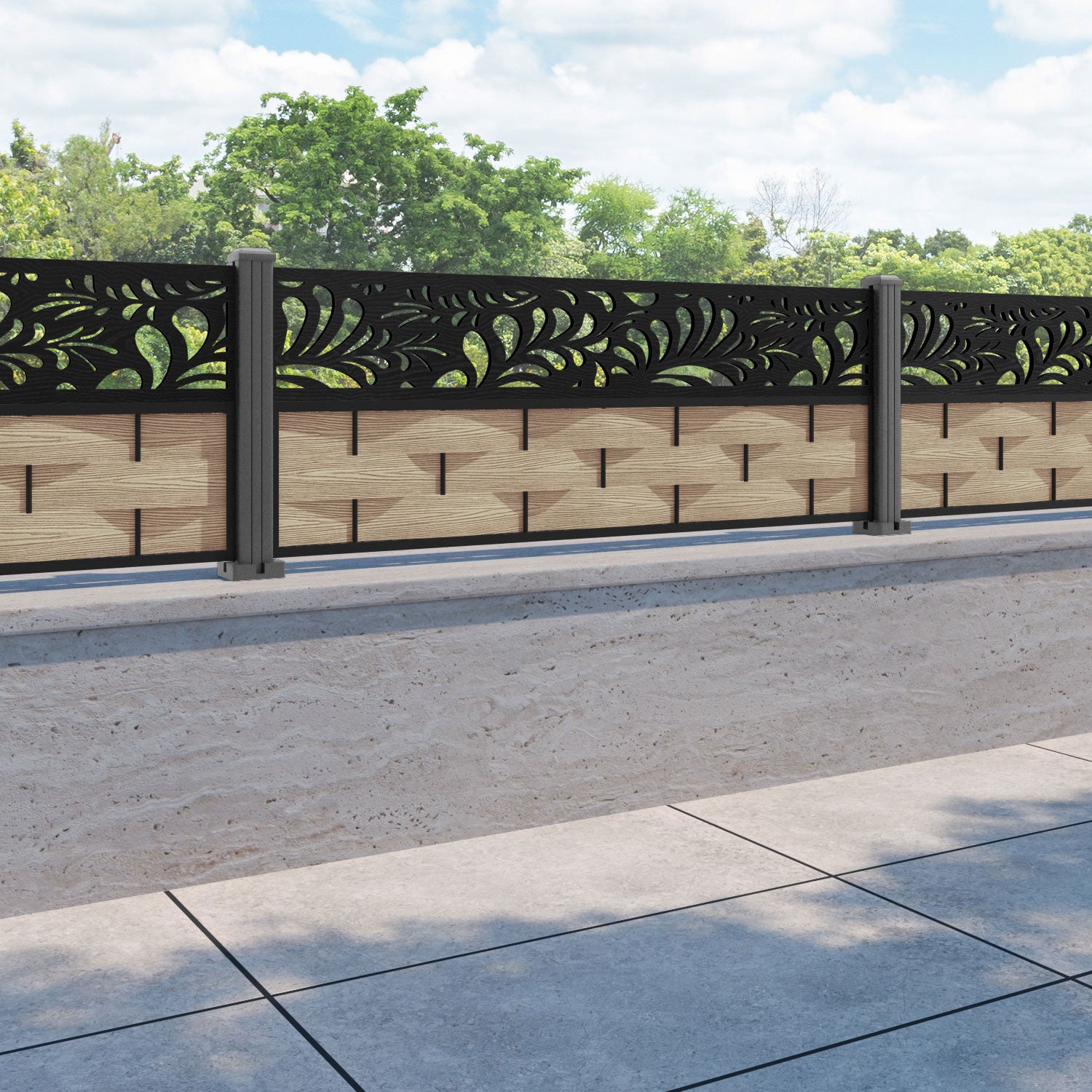 Ripple Petal Fence Panel - Light Oak - with our aluminium posts