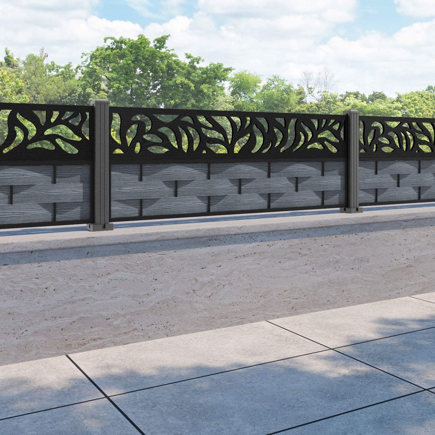 Ripple Plume Fence Panel - Anthracite - with our aluminium posts