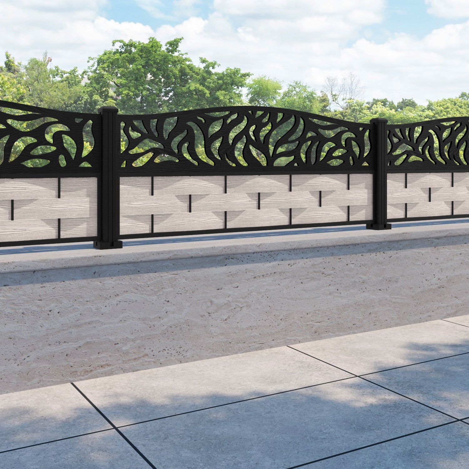 Ripple Plume Curved Top Fence Panel - Mid Stone - with our aluminium posts