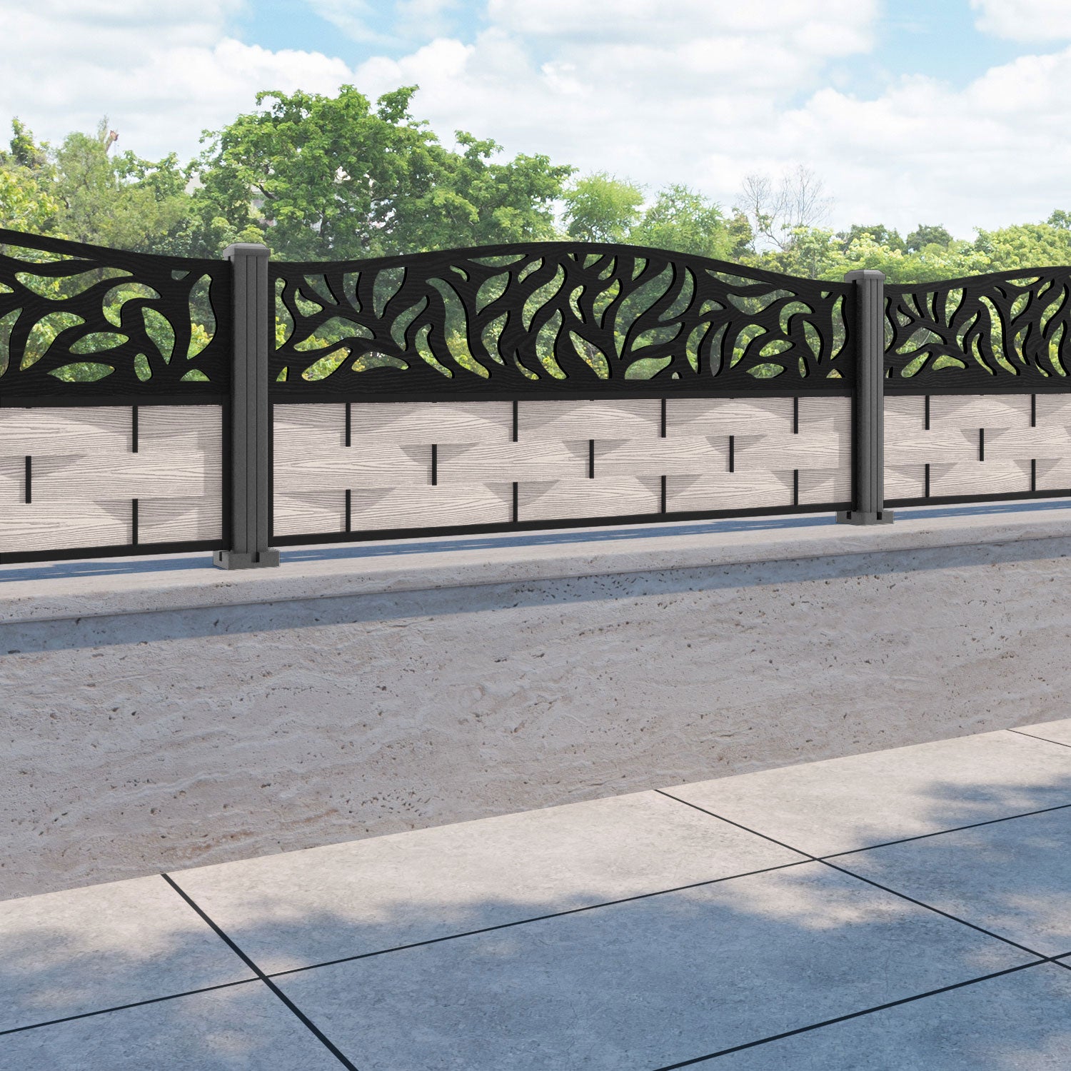 Ripple Plume Curved Top Fence Panel - Mid Stone - with our aluminium posts