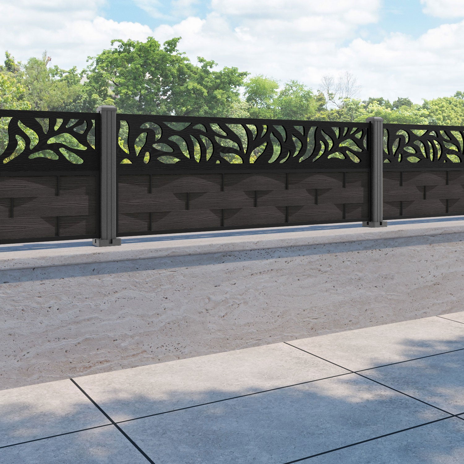 Ripple Plume Fence Panel - Dark Oak - with our aluminium posts