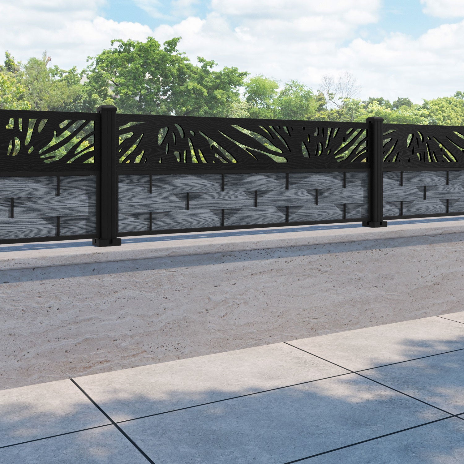 Ripple Poppy Fence Panel - Anthracite - with our aluminium posts