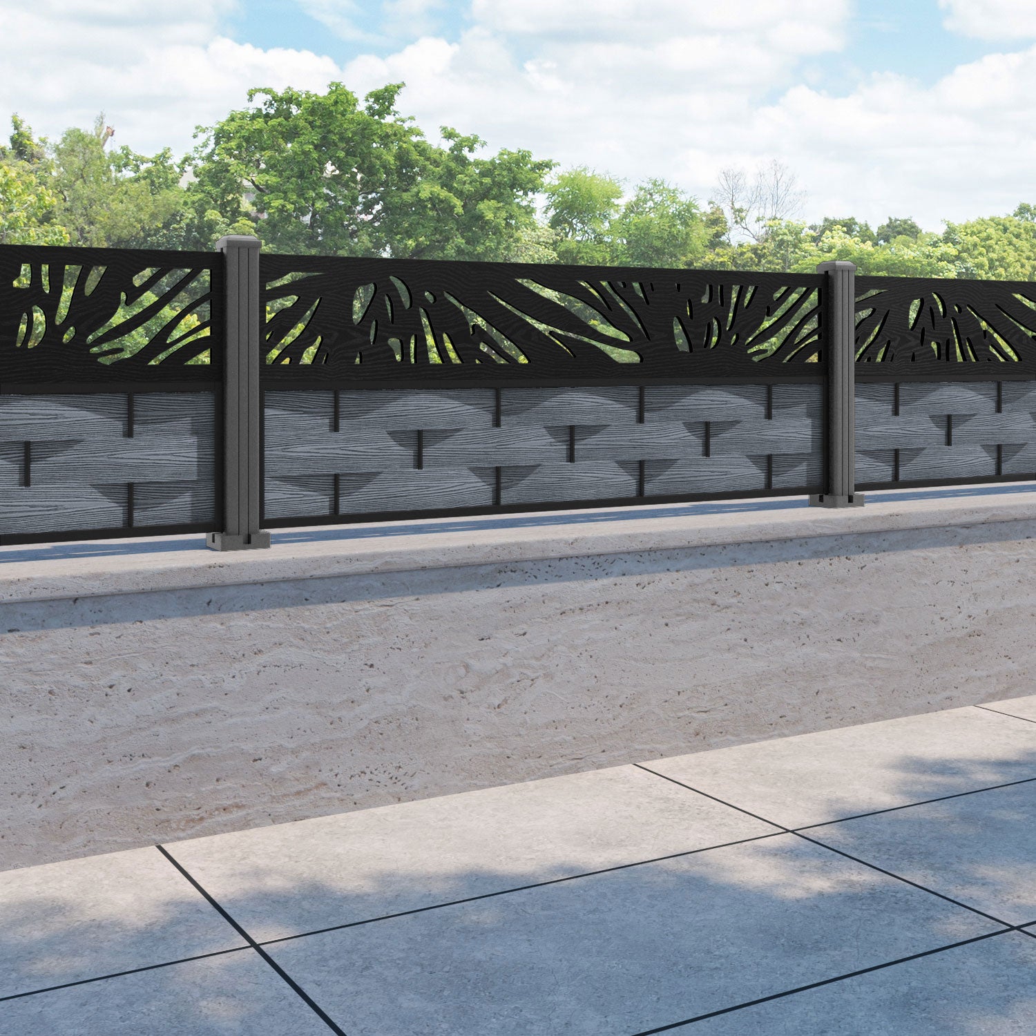 Ripple Poppy Fence Panel - Anthracite - with our aluminium posts