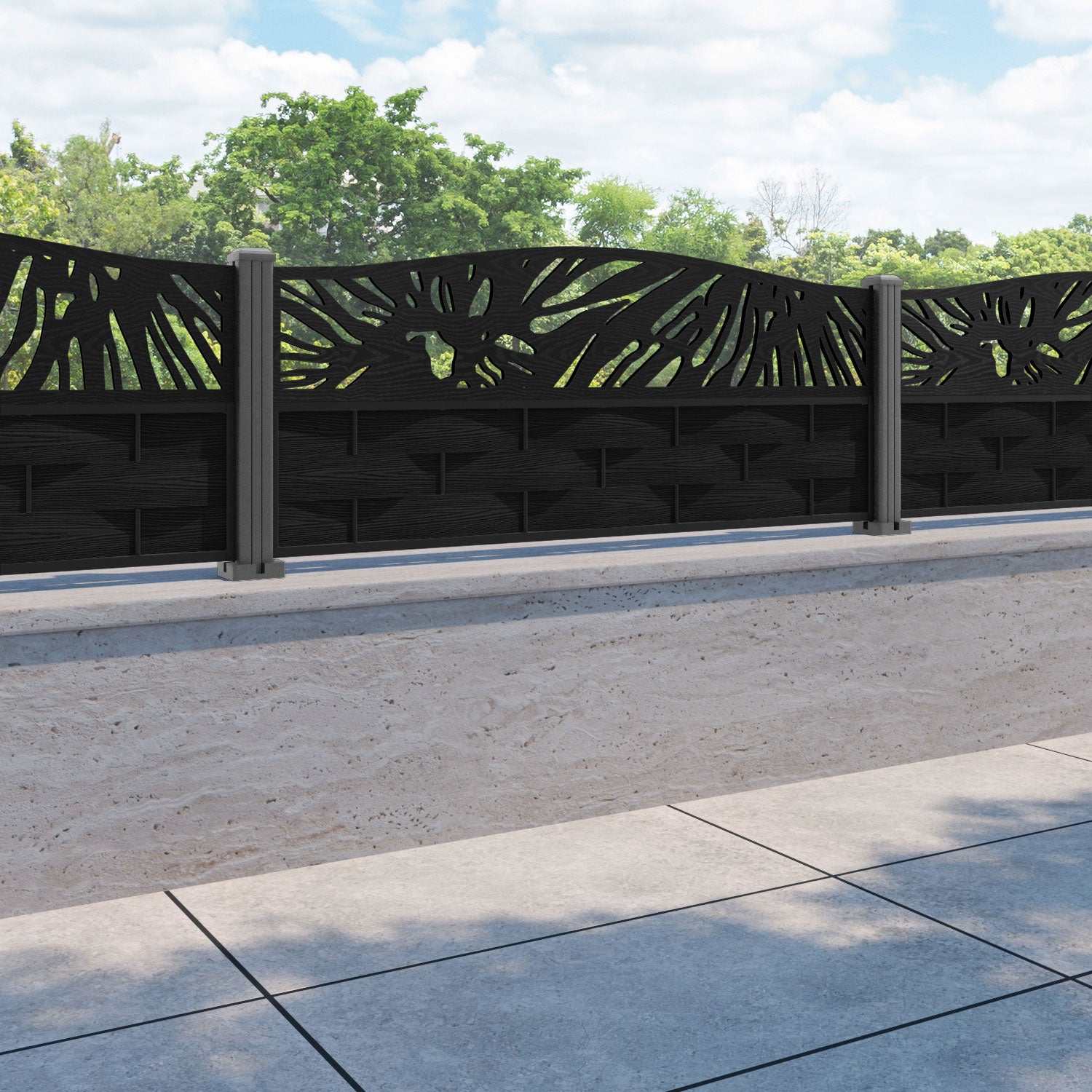 Ripple Poppy Curved Top Fence Panel - Black - with our aluminium posts