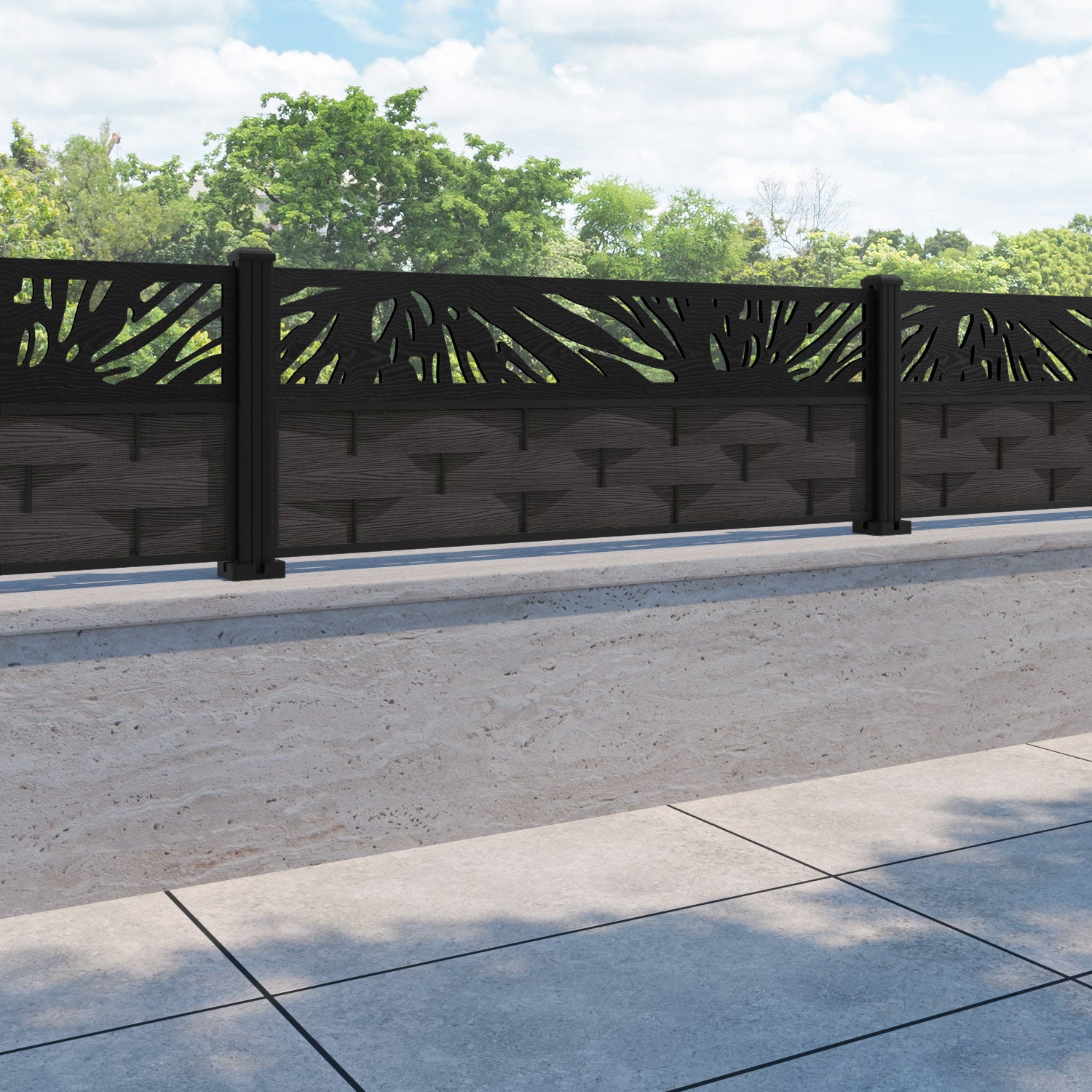 Ripple Poppy Fence Panel - Dark Oak - with our aluminium posts