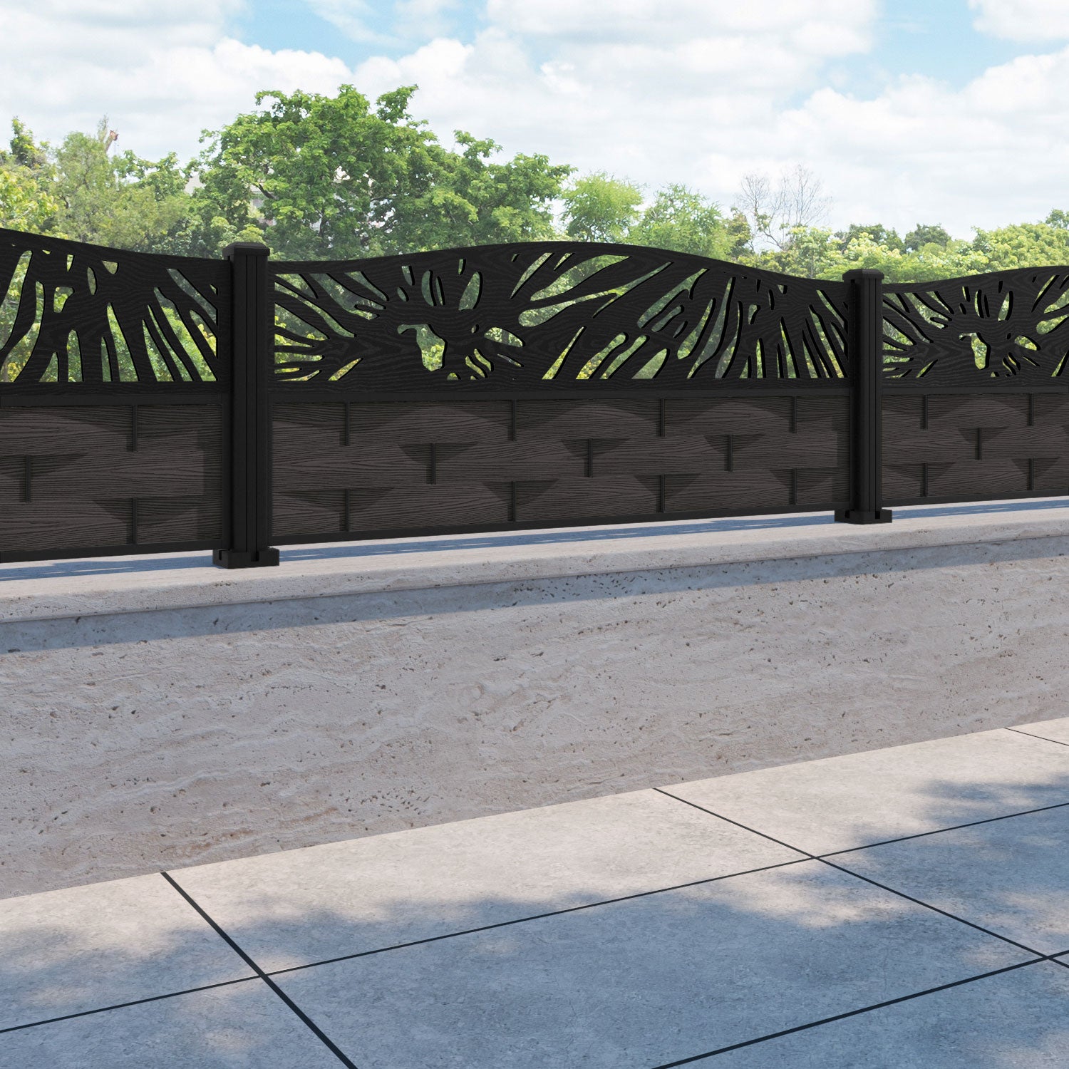 Ripple Poppy Curved Top Fence Panel - Dark Oak - with our aluminium posts