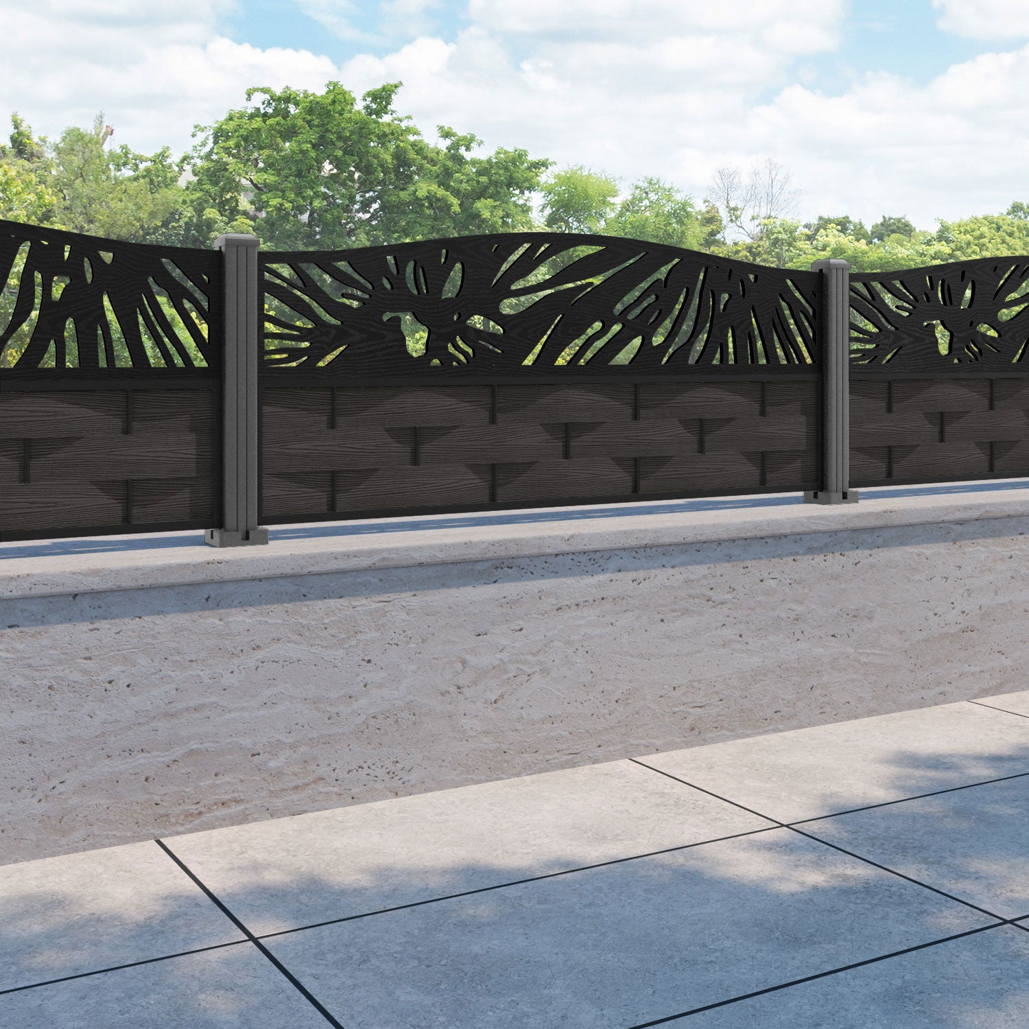 Ripple Poppy Curved Top Fence Panel - Dark Oak - with our aluminium posts