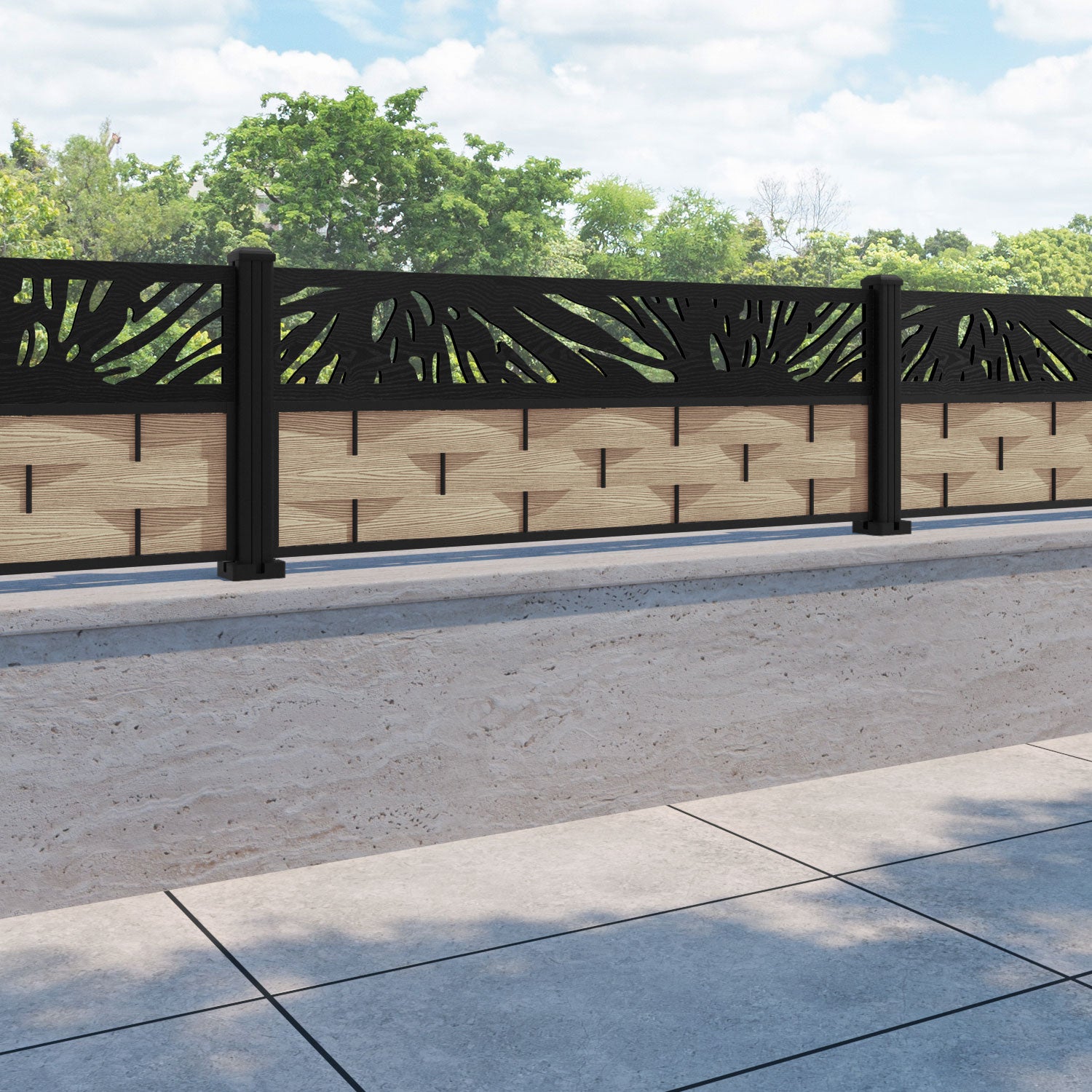 Ripple Poppy Fence Panel - Light Oak - with our aluminium posts