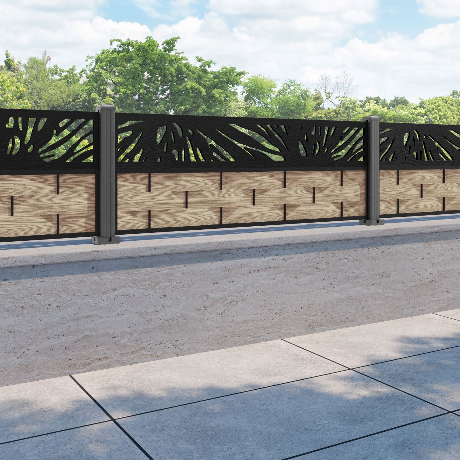 Ripple Poppy Fence Panel - Light Oak - with our aluminium posts