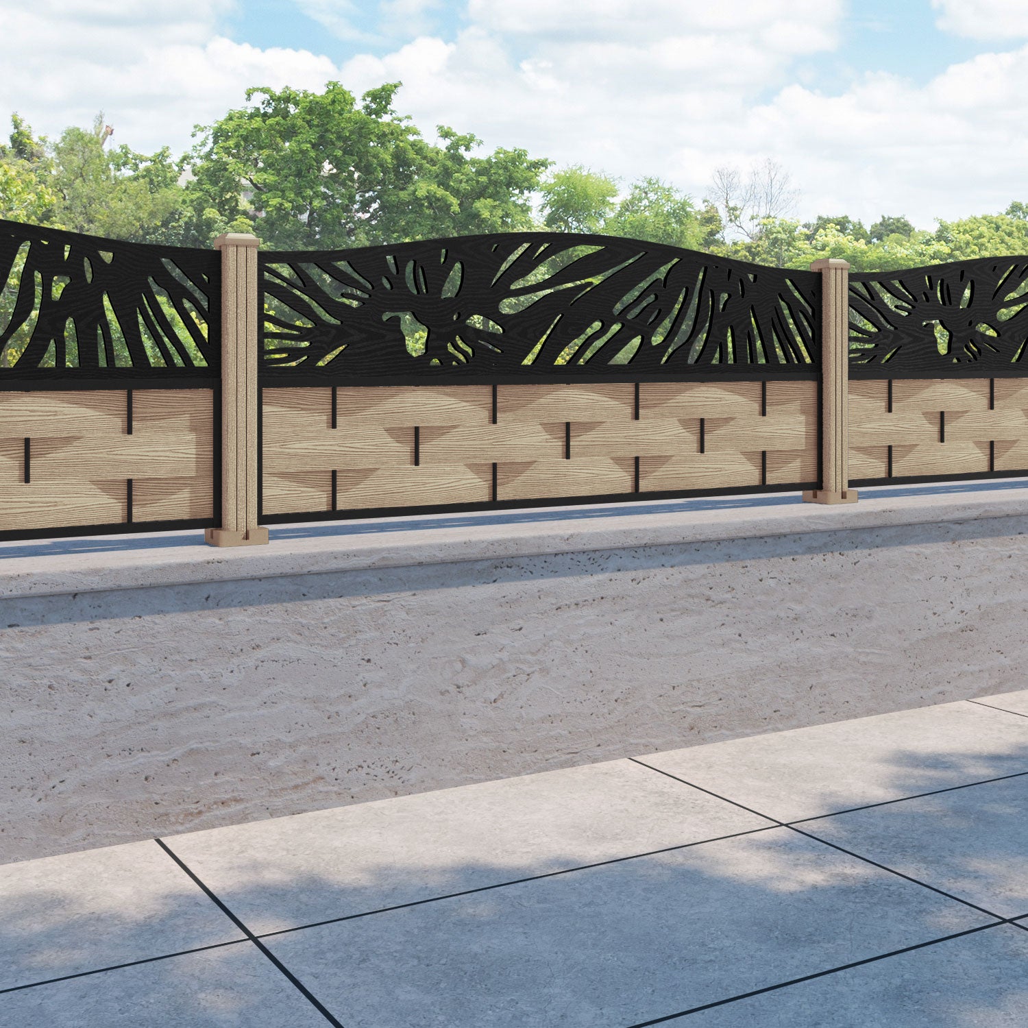 Ripple Poppy Curved Top Fence Panel - Light Oak - with our composite posts