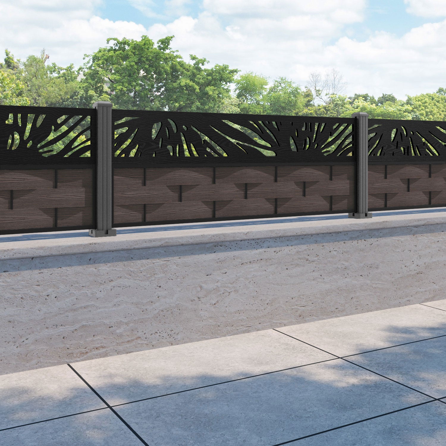 Ripple Poppy Fence Panel - Mid Brown - with our aluminium posts