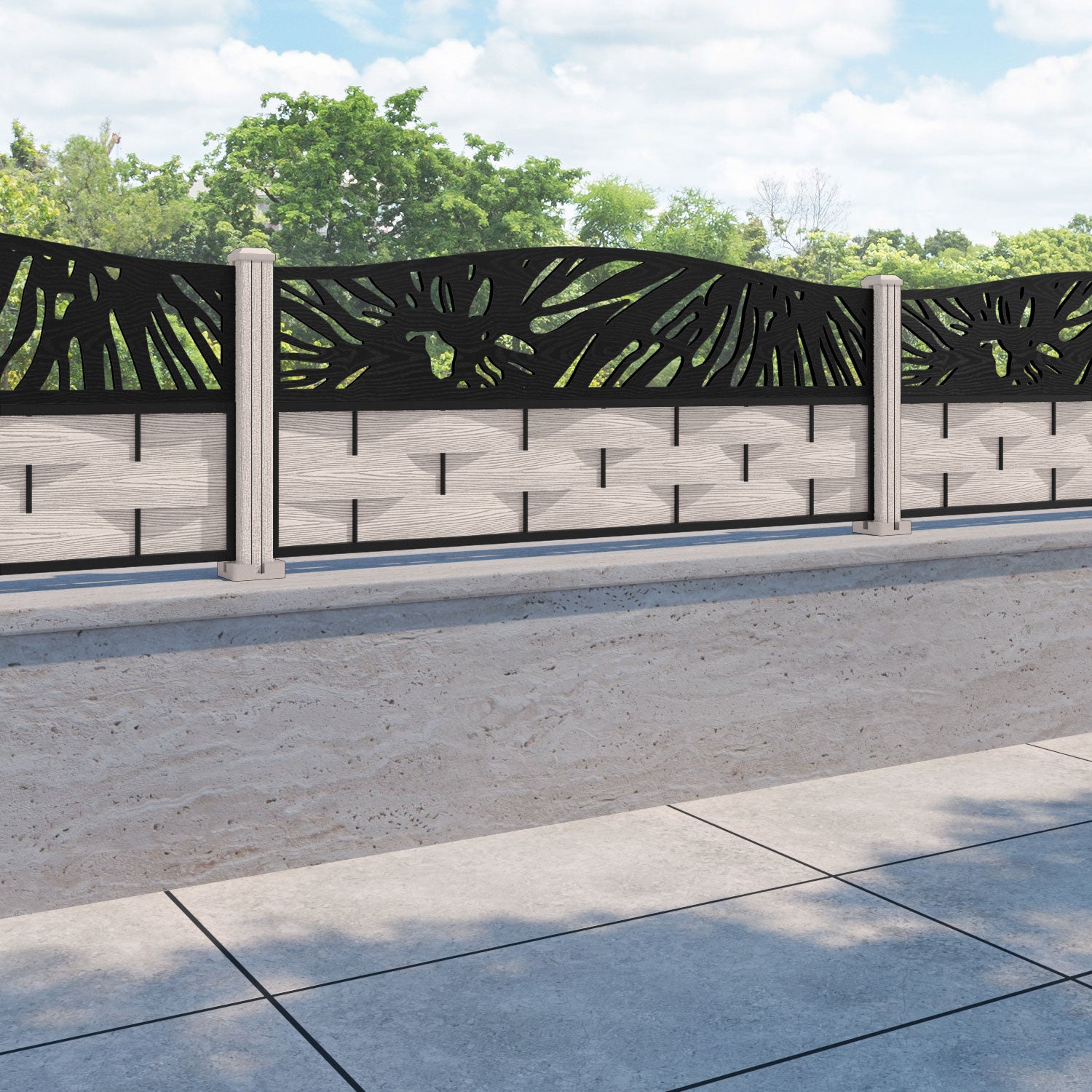 Ripple Poppy Curved Top Fence Panel - Mid Stone - with our composite posts