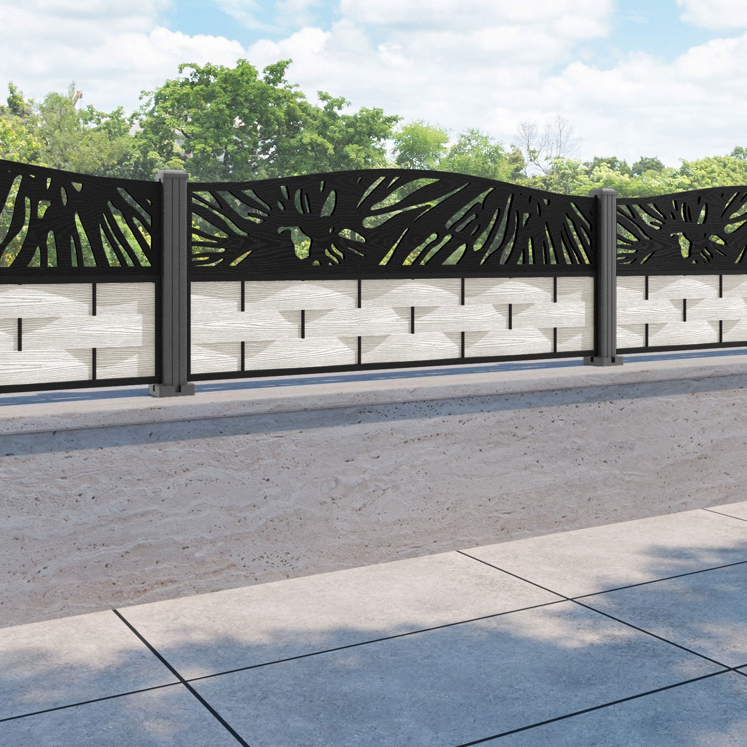 Ripple Poppy Curved Top Fence Panel - Light Stone - with our aluminium posts