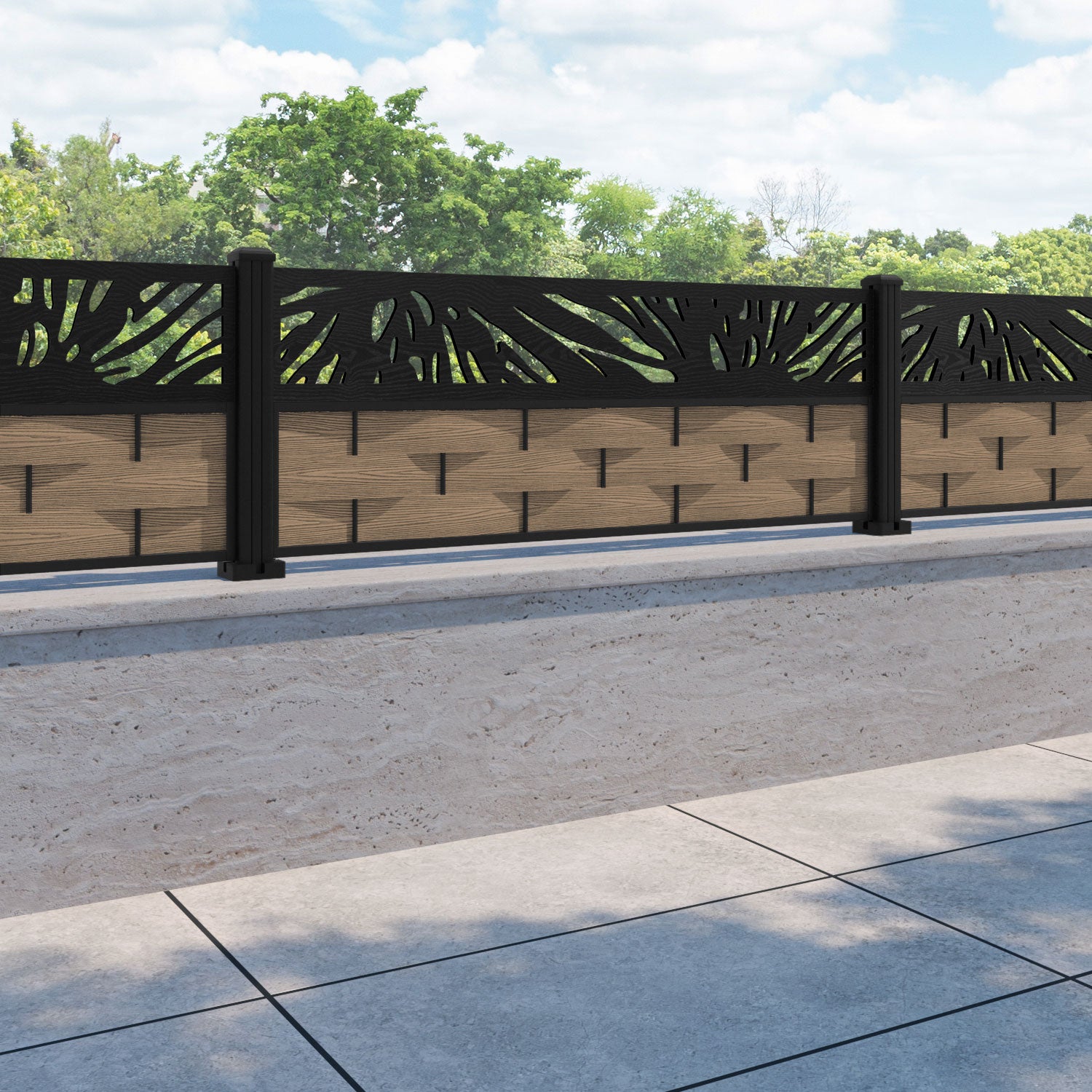 Ripple Poppy Fence Panel - Teak - with our aluminium posts