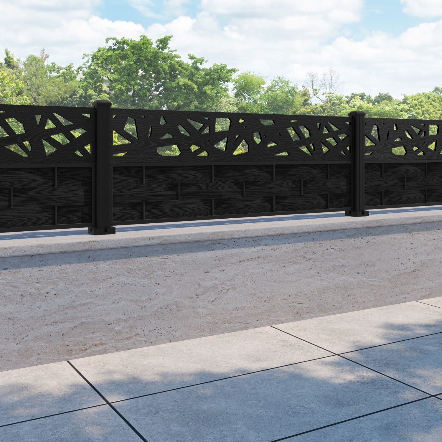 Ripple Prism Fence Panel - Black - with our aluminium posts