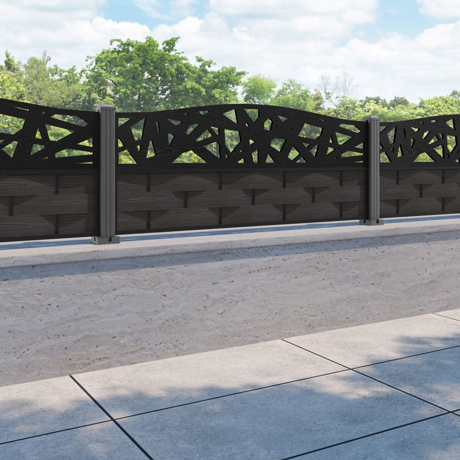 Ripple Prism Curved Top Fence Panel - Dark Oak - with our aluminium posts