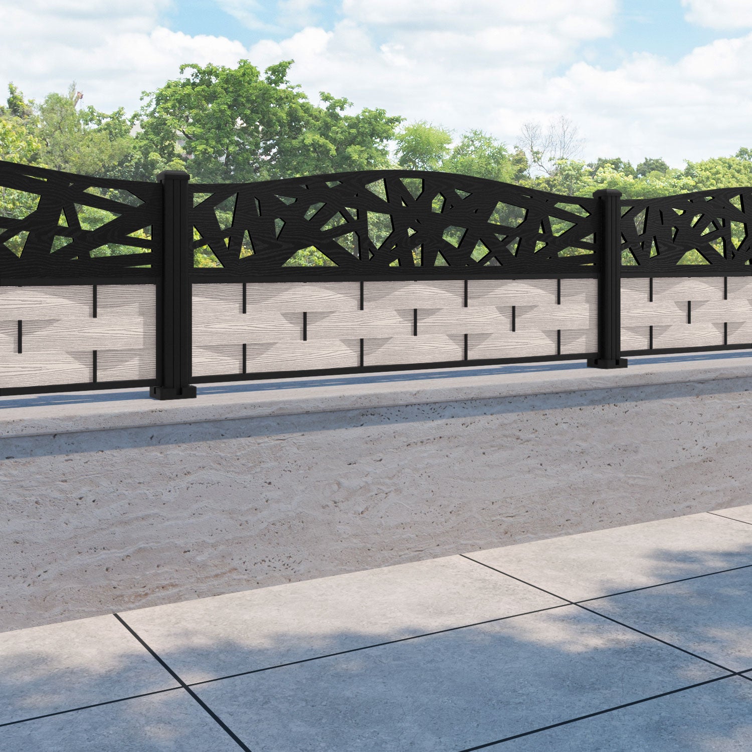 Ripple Prism Curved Top Fence Panel - Mid Stone - with our aluminium posts