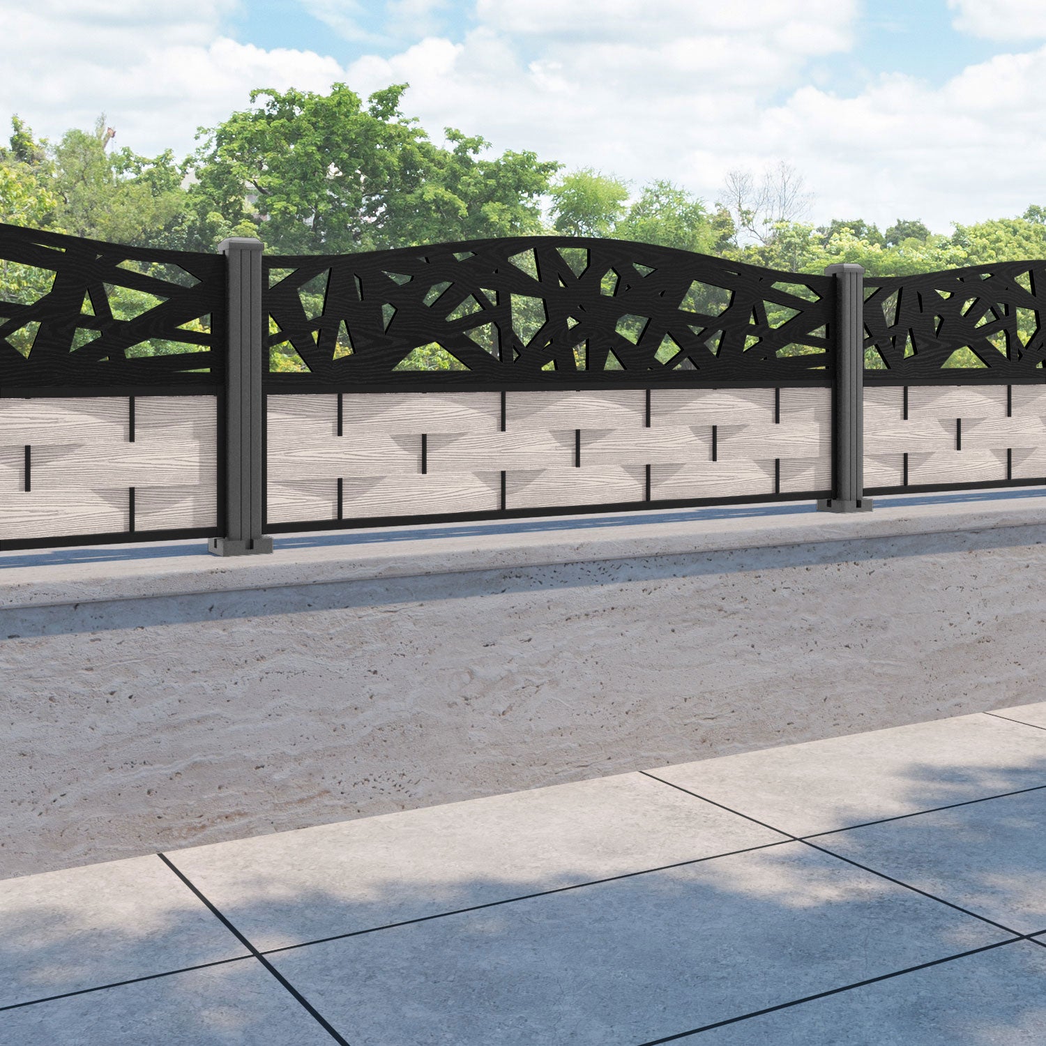 Ripple Prism Curved Top Fence Panel - Mid Stone - with our aluminium posts