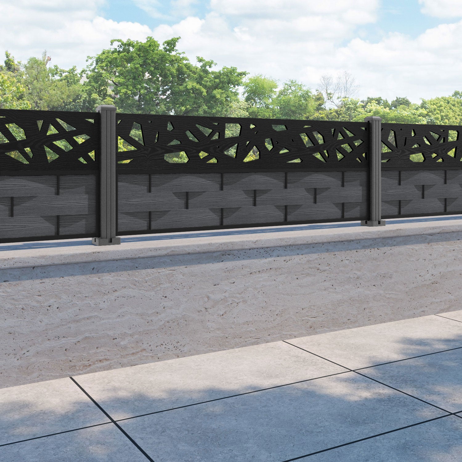 Ripple Prism Fence Panel - Dark Grey - with our aluminium posts