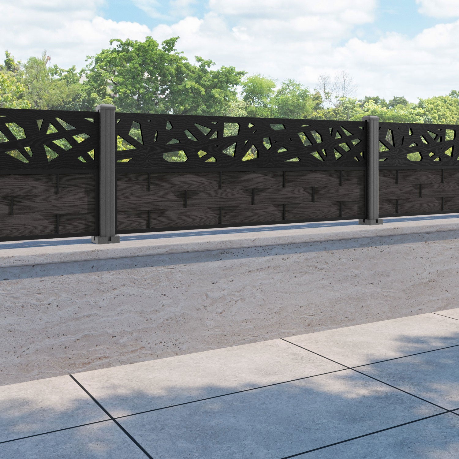 Ripple Prism Fence Panel - Dark Oak - with our aluminium posts