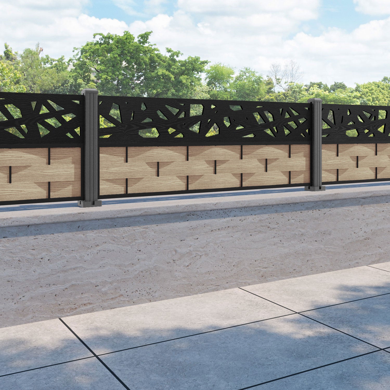 Ripple Prism Fence Panel - Light Oak - with our aluminium posts