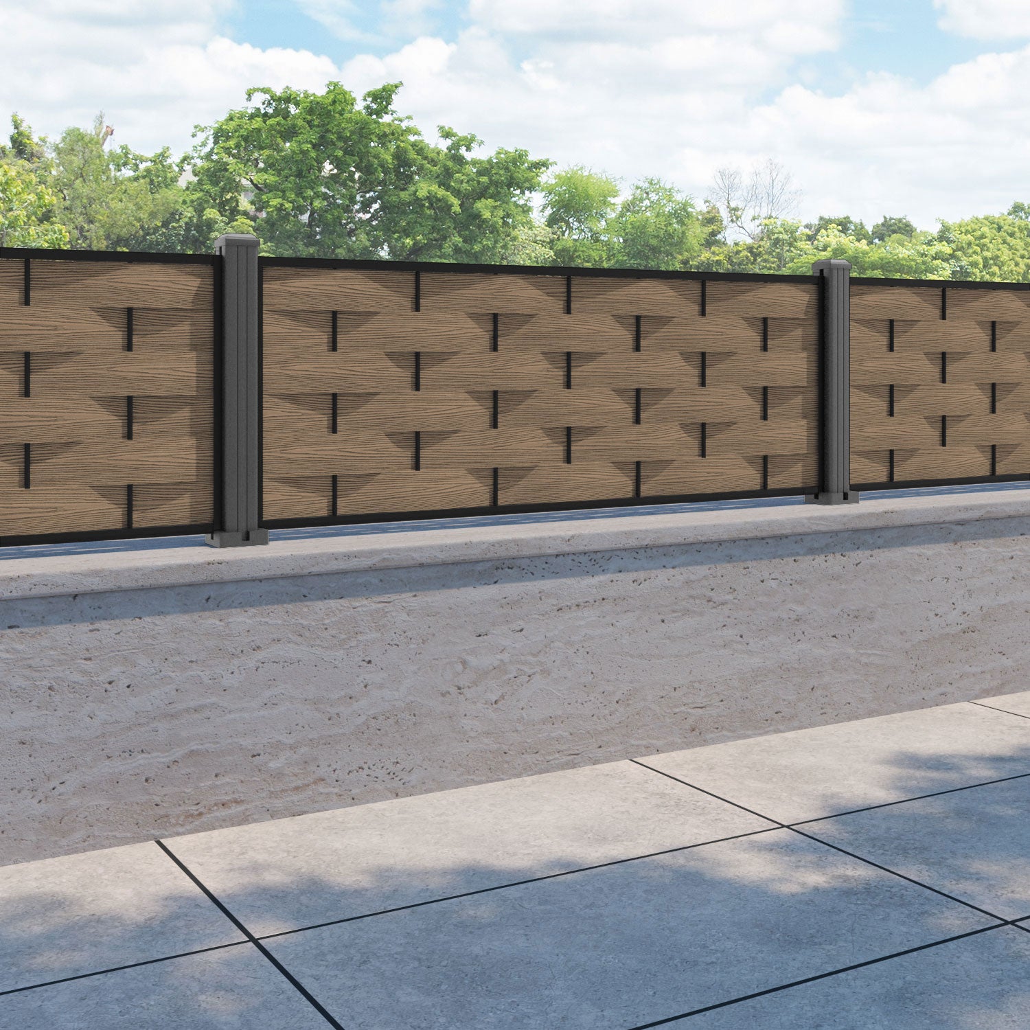 Ripple Fence Panel - Teak - with our aluminium posts