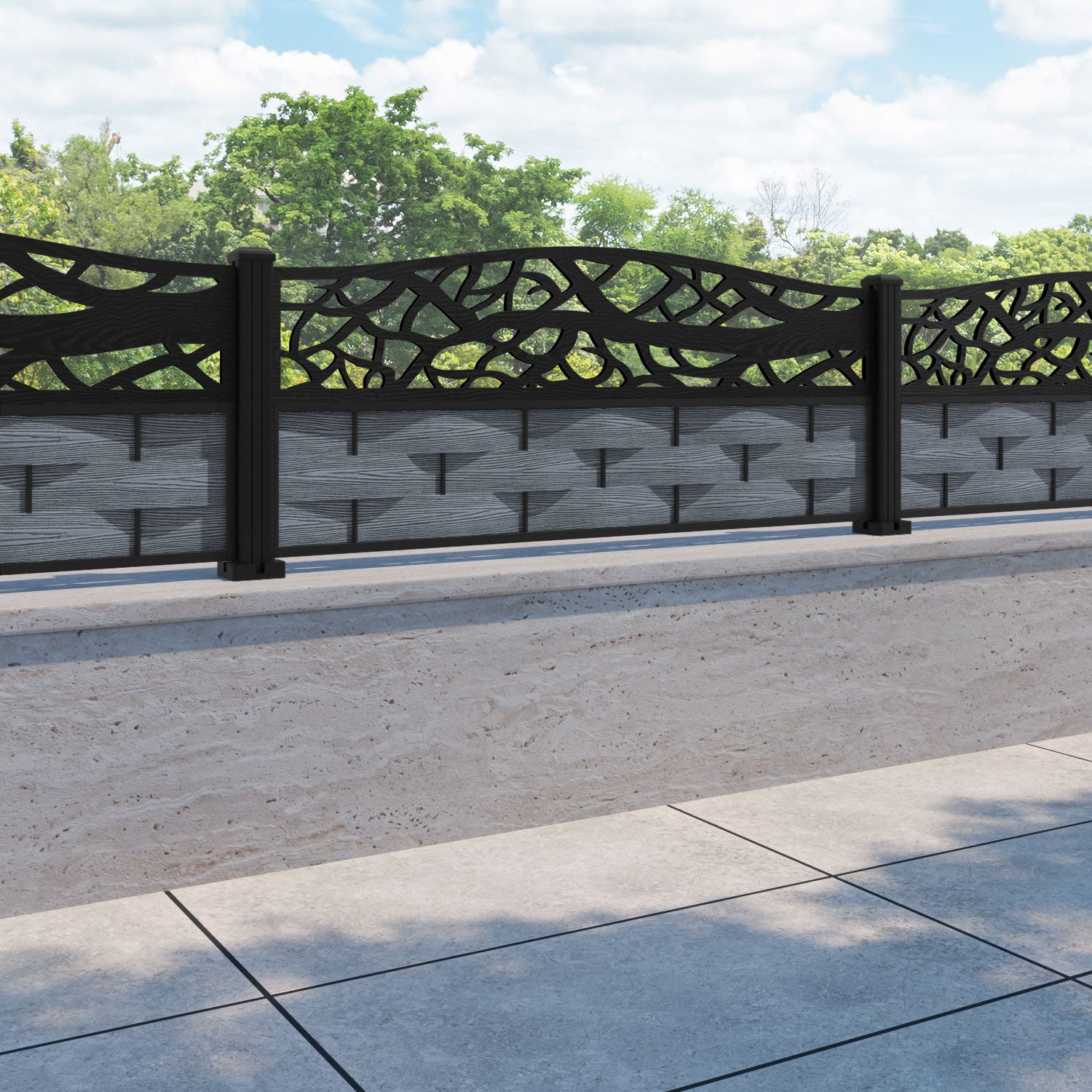 Ripple Twilight Curved Top Fence Panel - Anthracite - with our aluminium posts