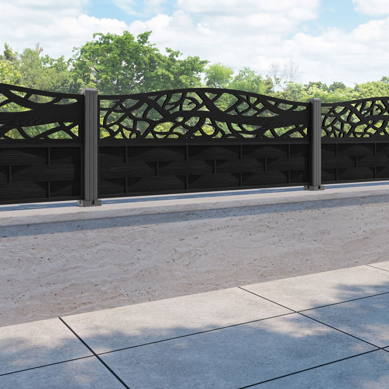 Ripple Twilight Curved Top Fence Panel - Black - with our aluminium posts