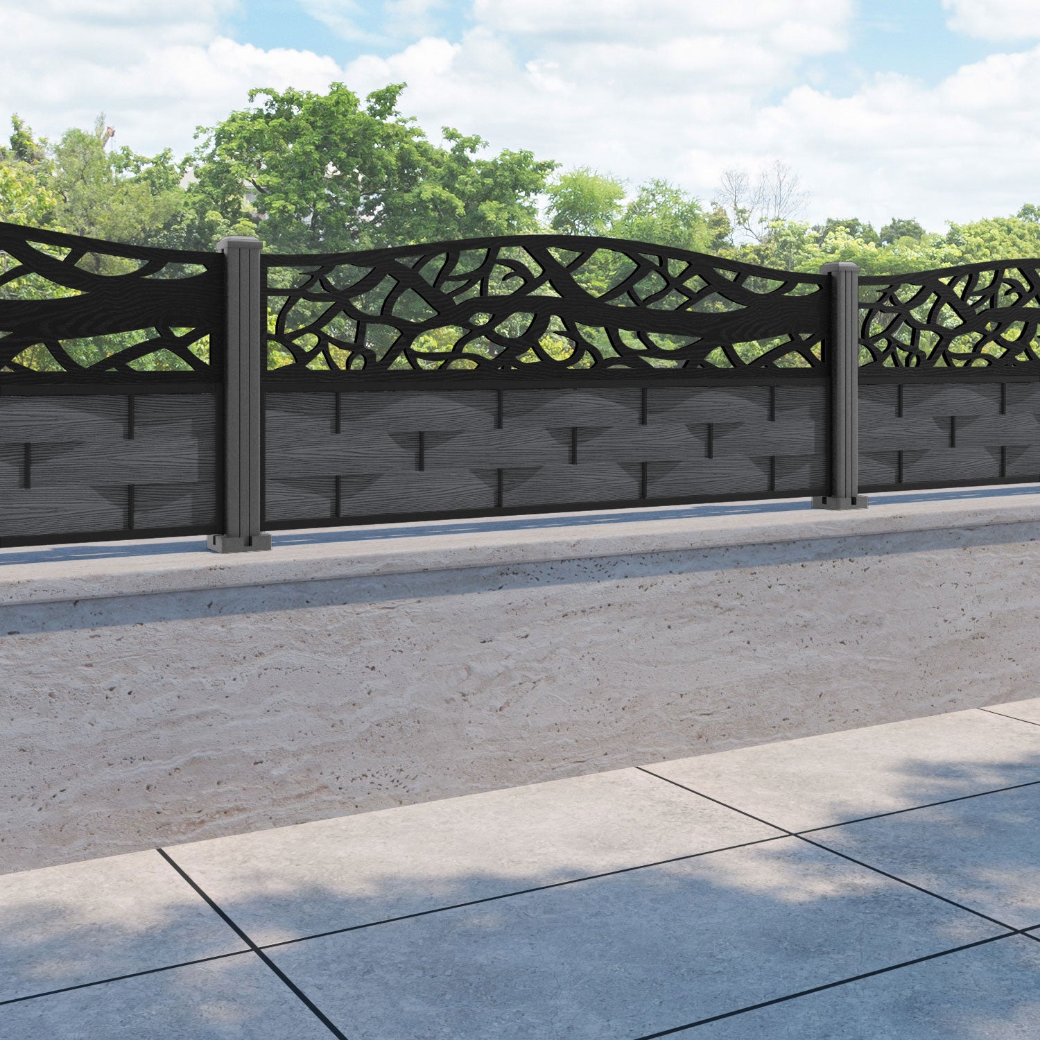 Ripple Twilight Curved Top Fence Panel - Dark Grey - with our aluminium posts