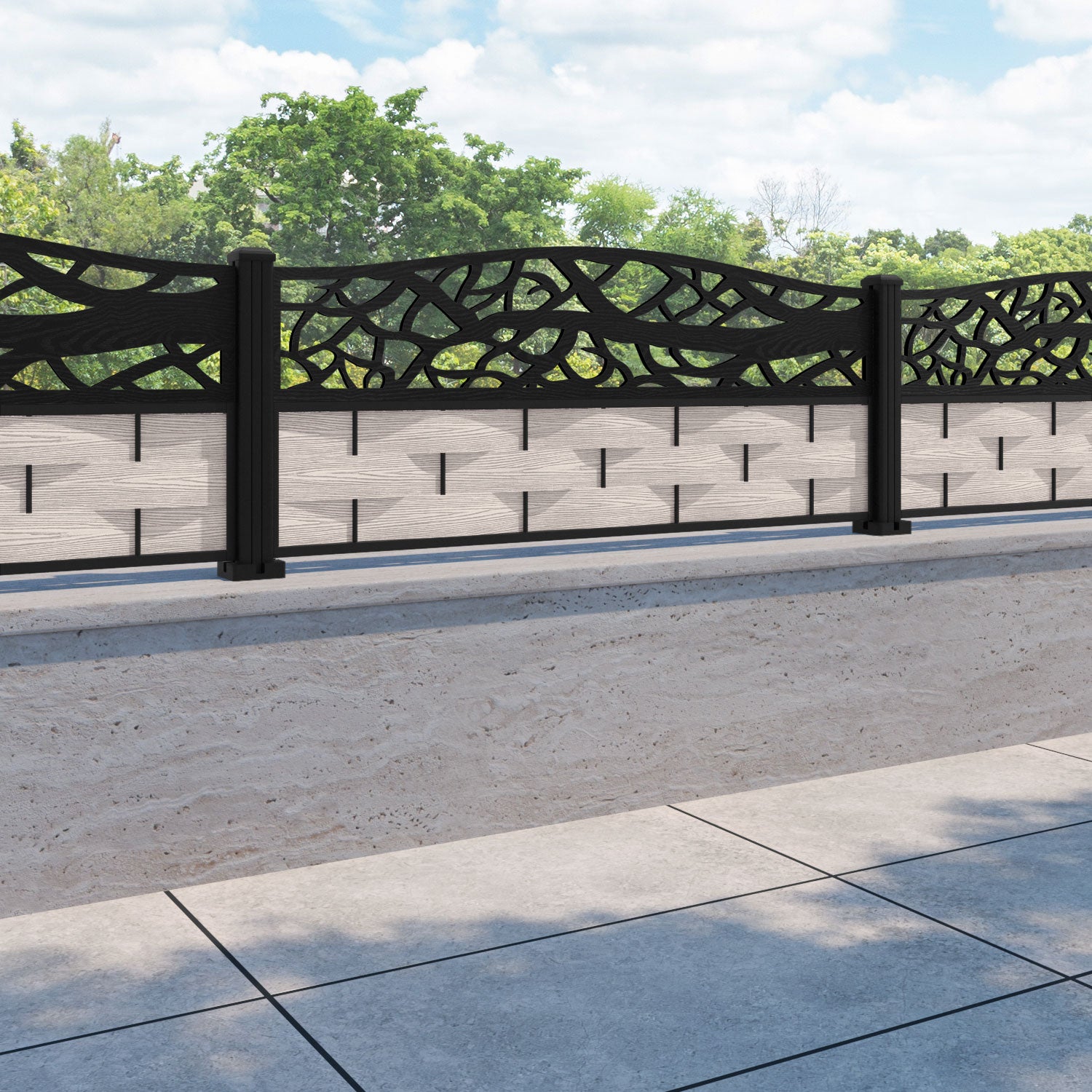 Ripple Twilight Curved Top Fence Panel - Mid Stone - with our aluminium posts