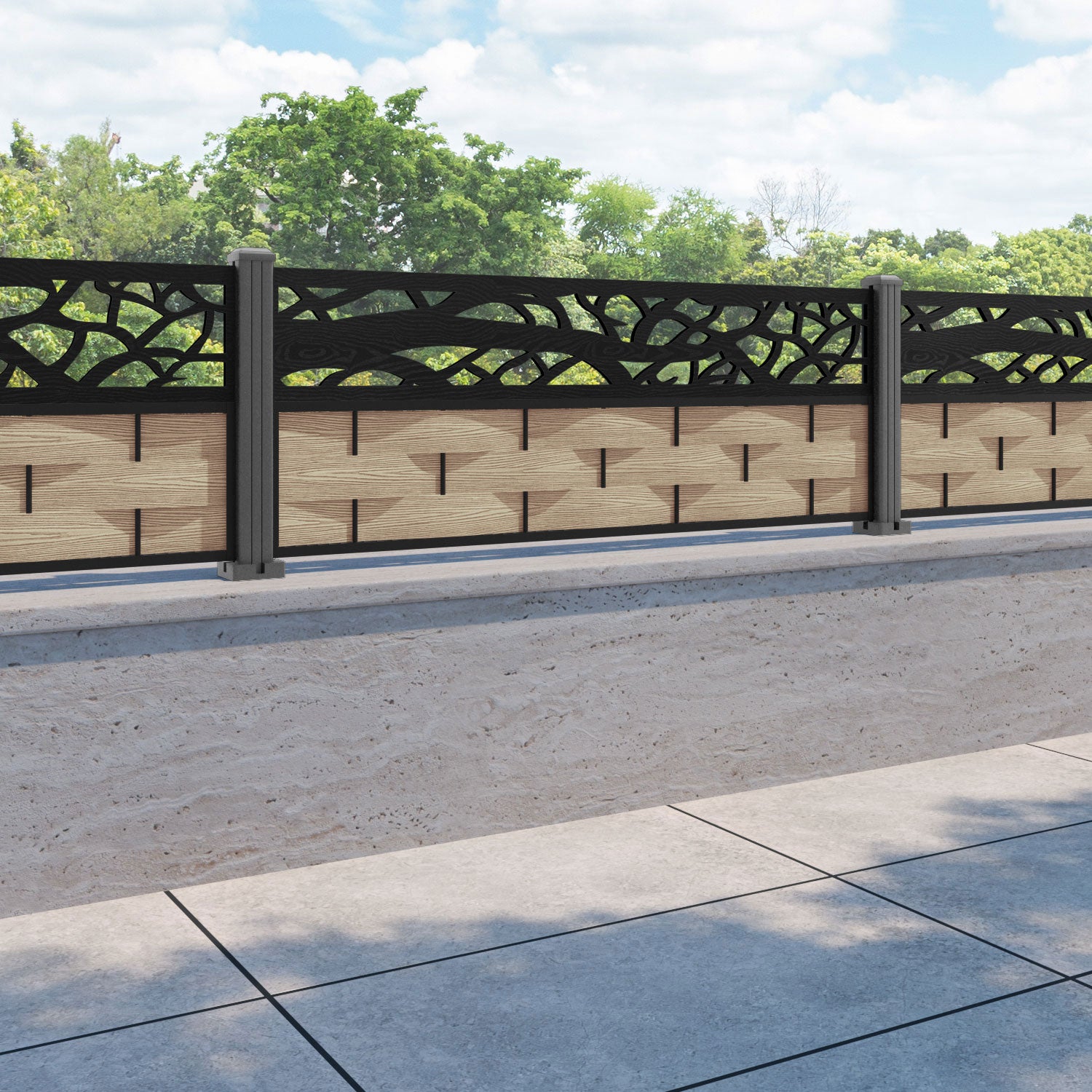 Ripple Twilight Fence Panel - Light Oak - with our aluminium posts