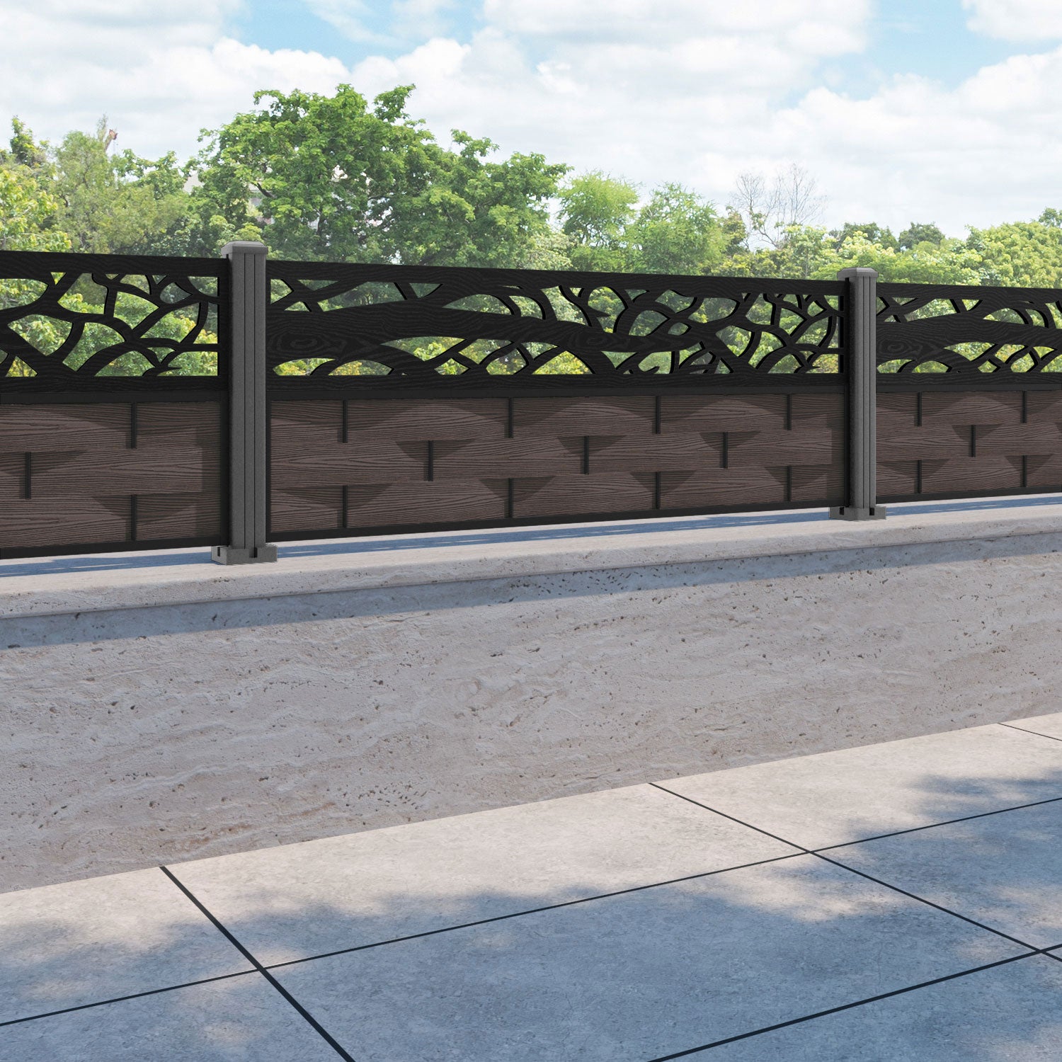 Ripple Twilight Fence Panel - Mid Brown - with our aluminium posts